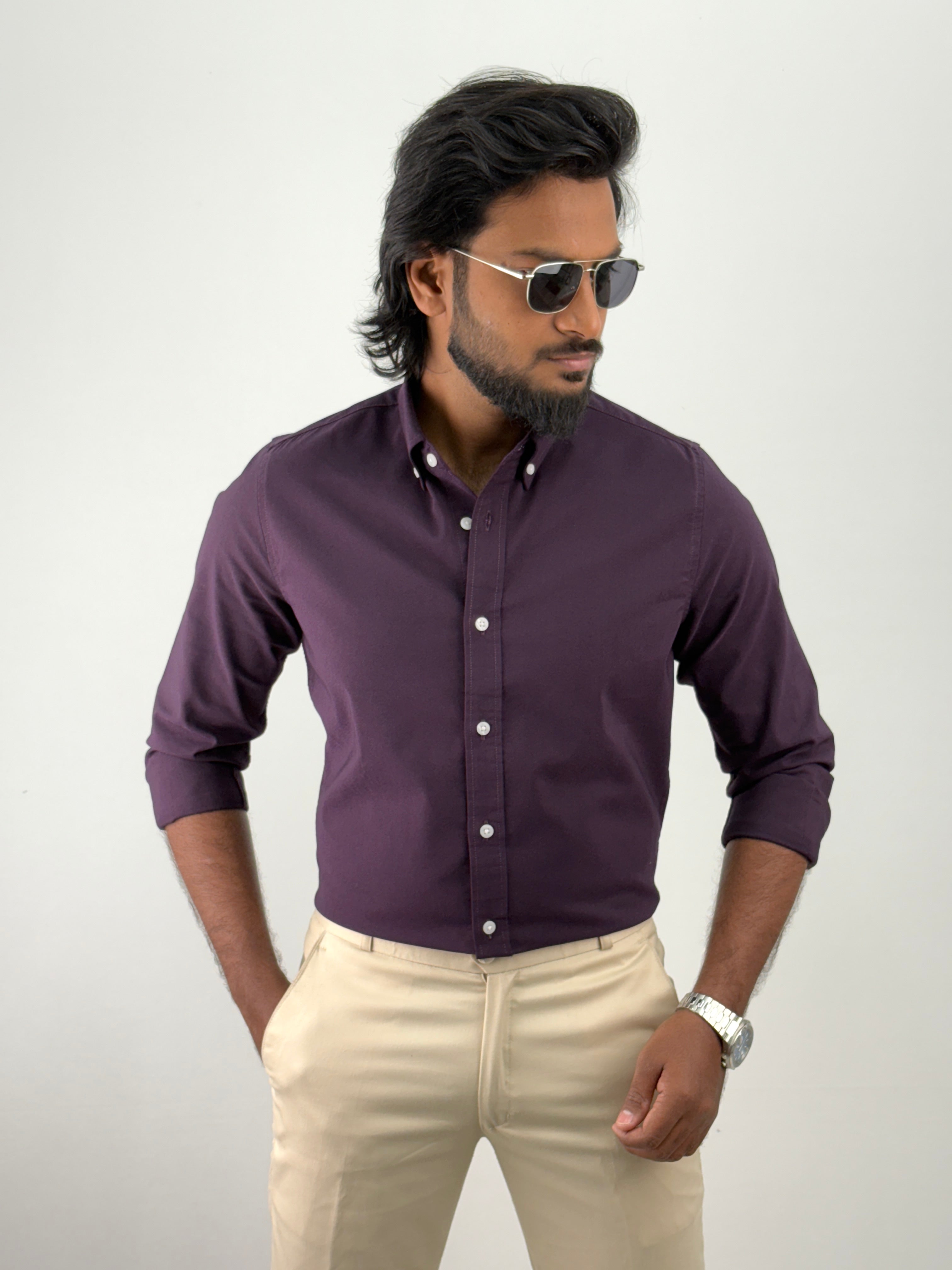 Wine Plain Oxford Shirt 1