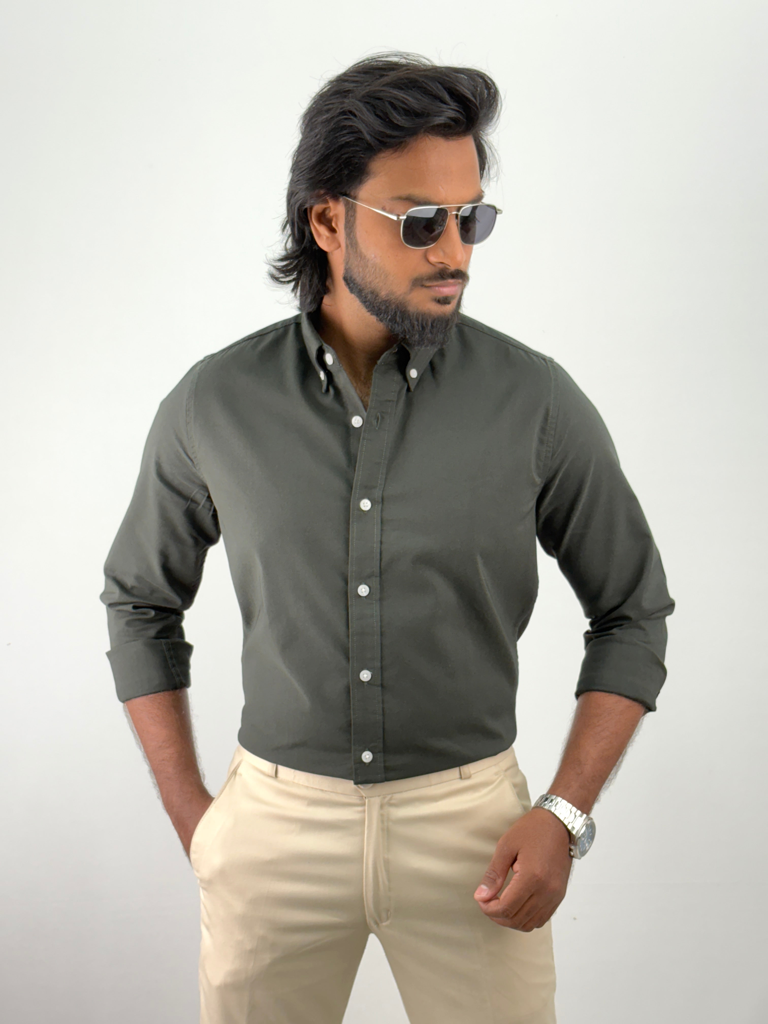 Dark Green Plain Oxford Shirt 1