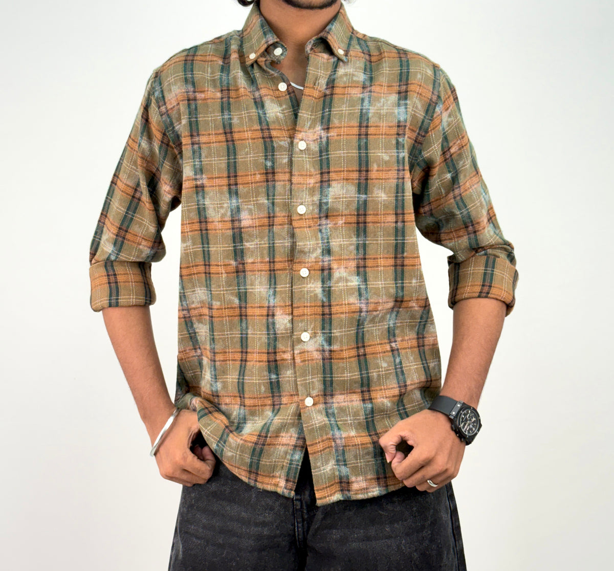 Dark Green Acid Wash Flannel Shirt