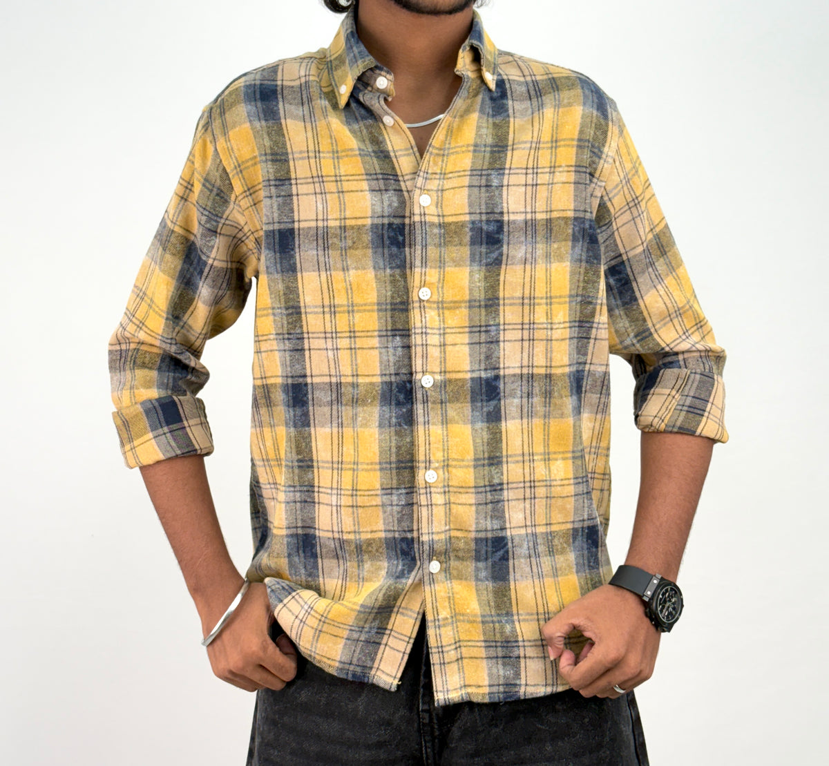 Yellow Navy Acid Wash Flannel Shirt