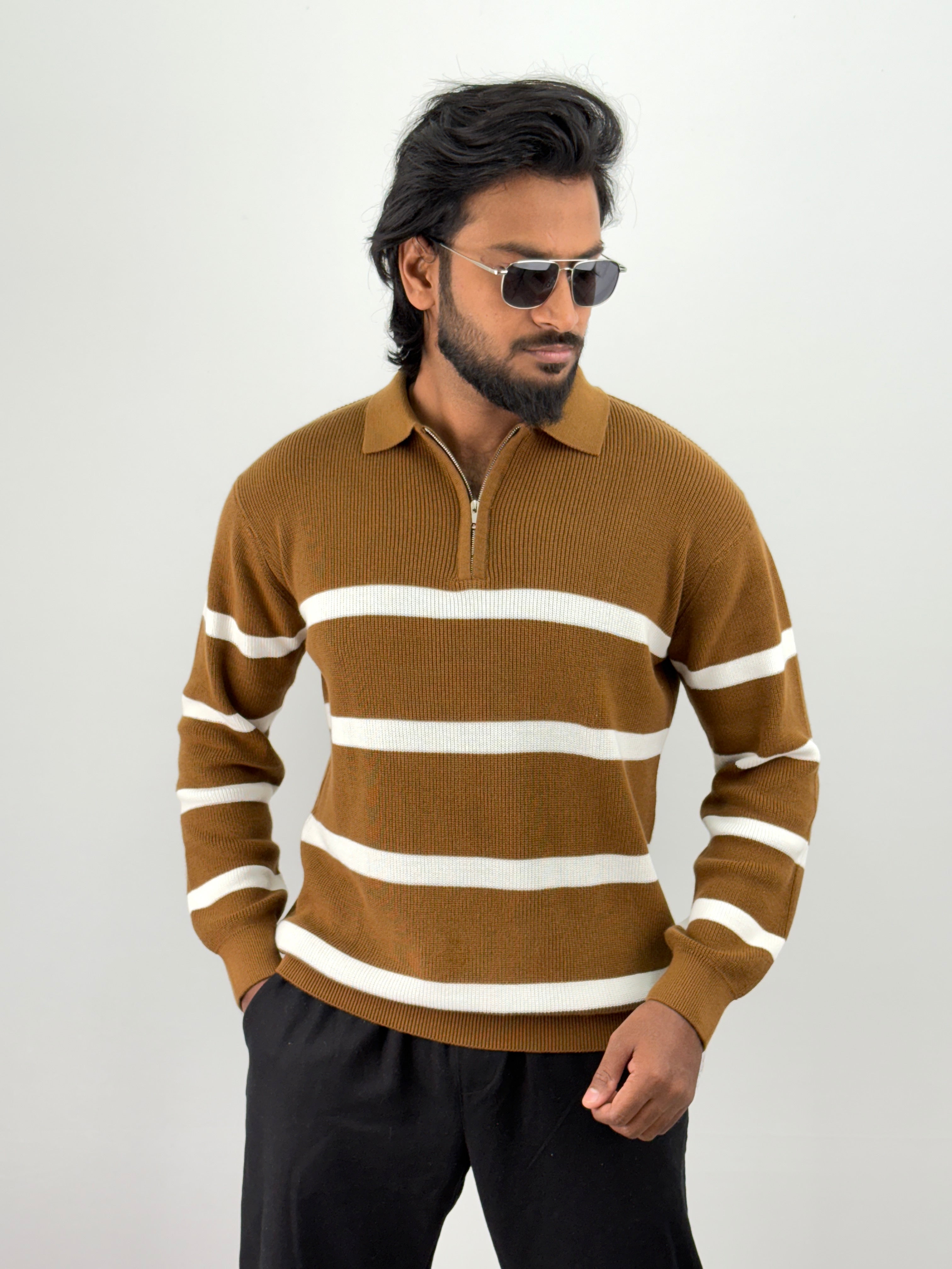 Brown Full Sleeve Zipper T-Shirt