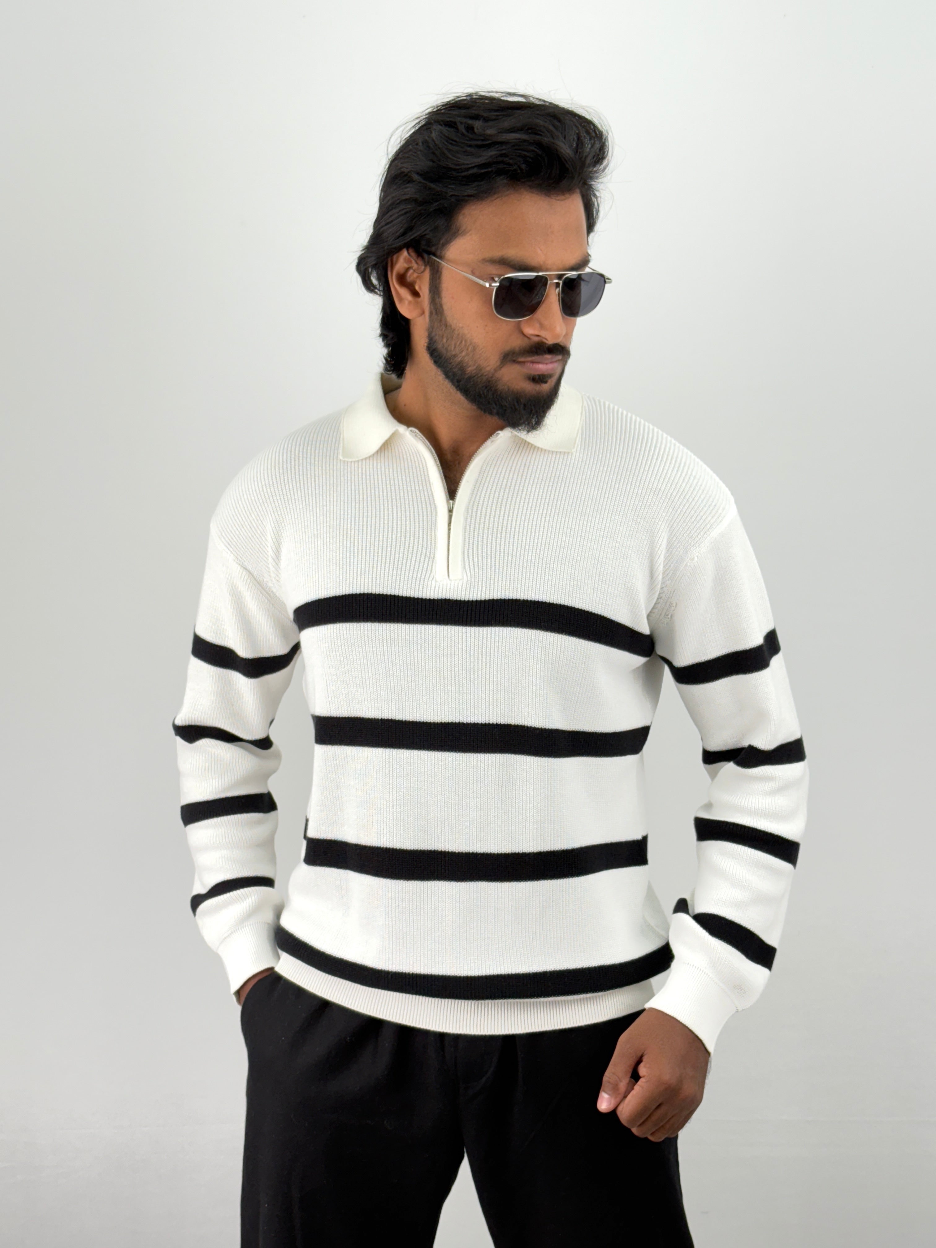 White Full Sleeve Zipper T-Shirt