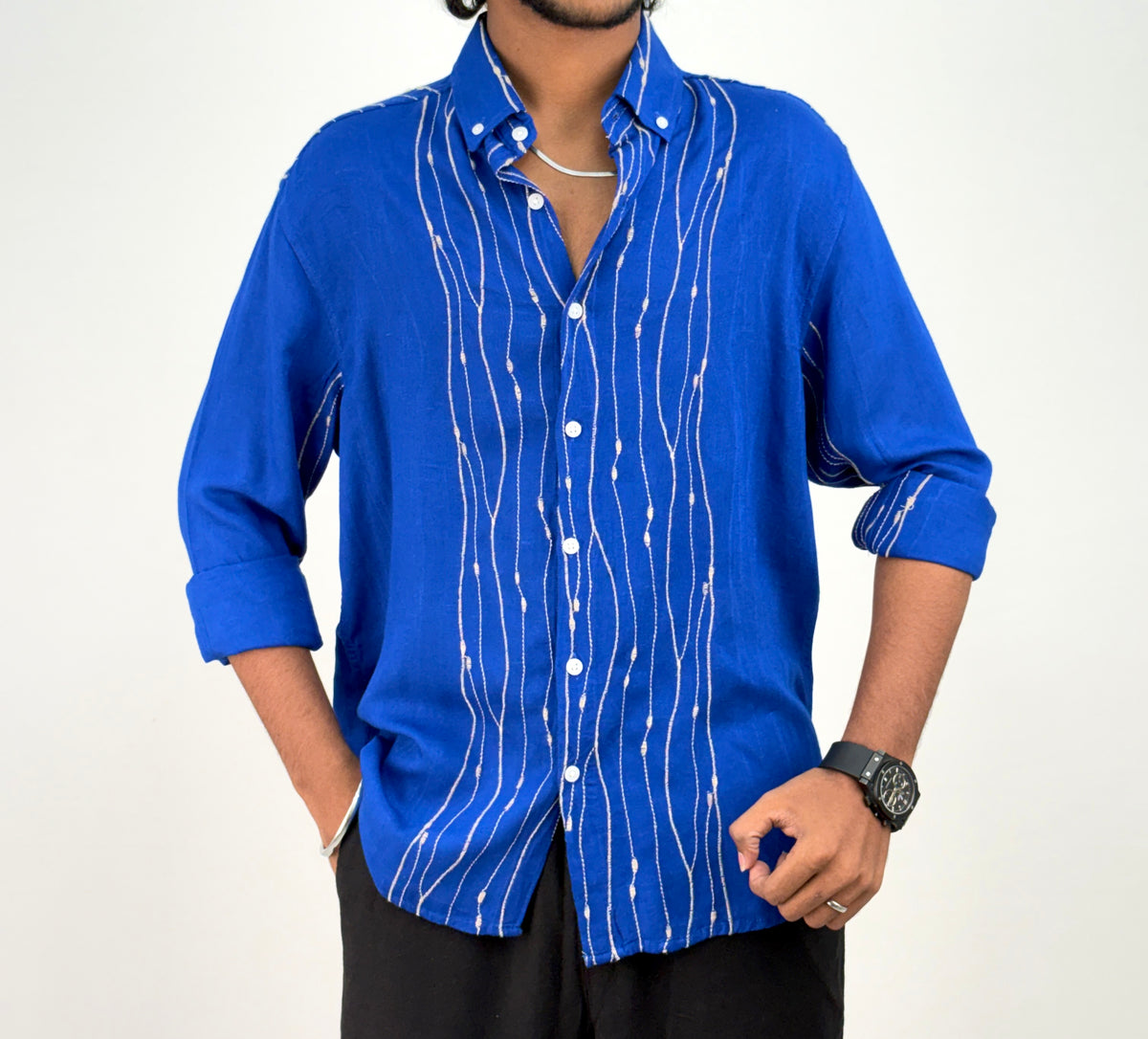 Royal Blue Linen Embroidery Shirt