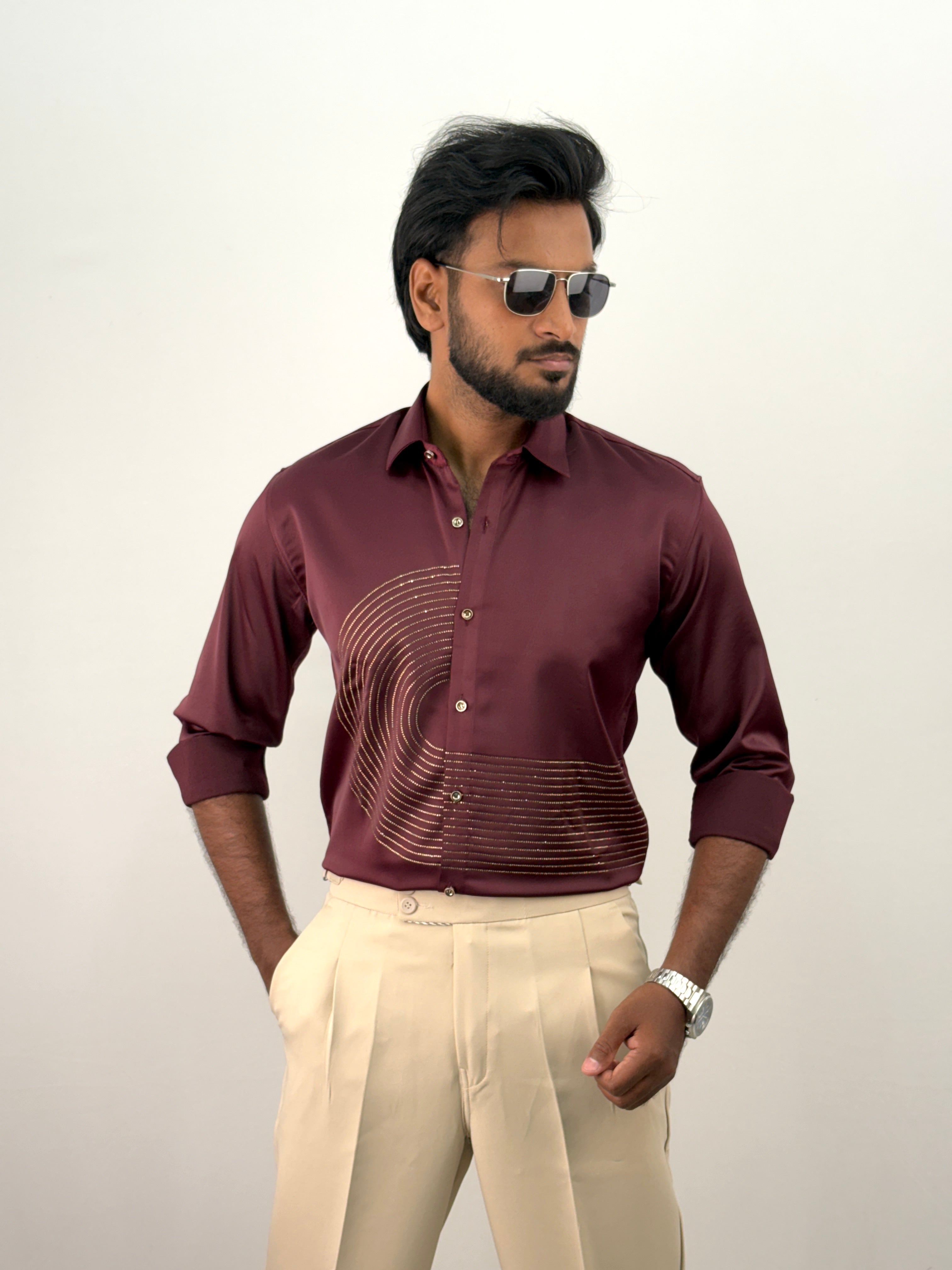 Maroon Designer Stone Work Shirt 13