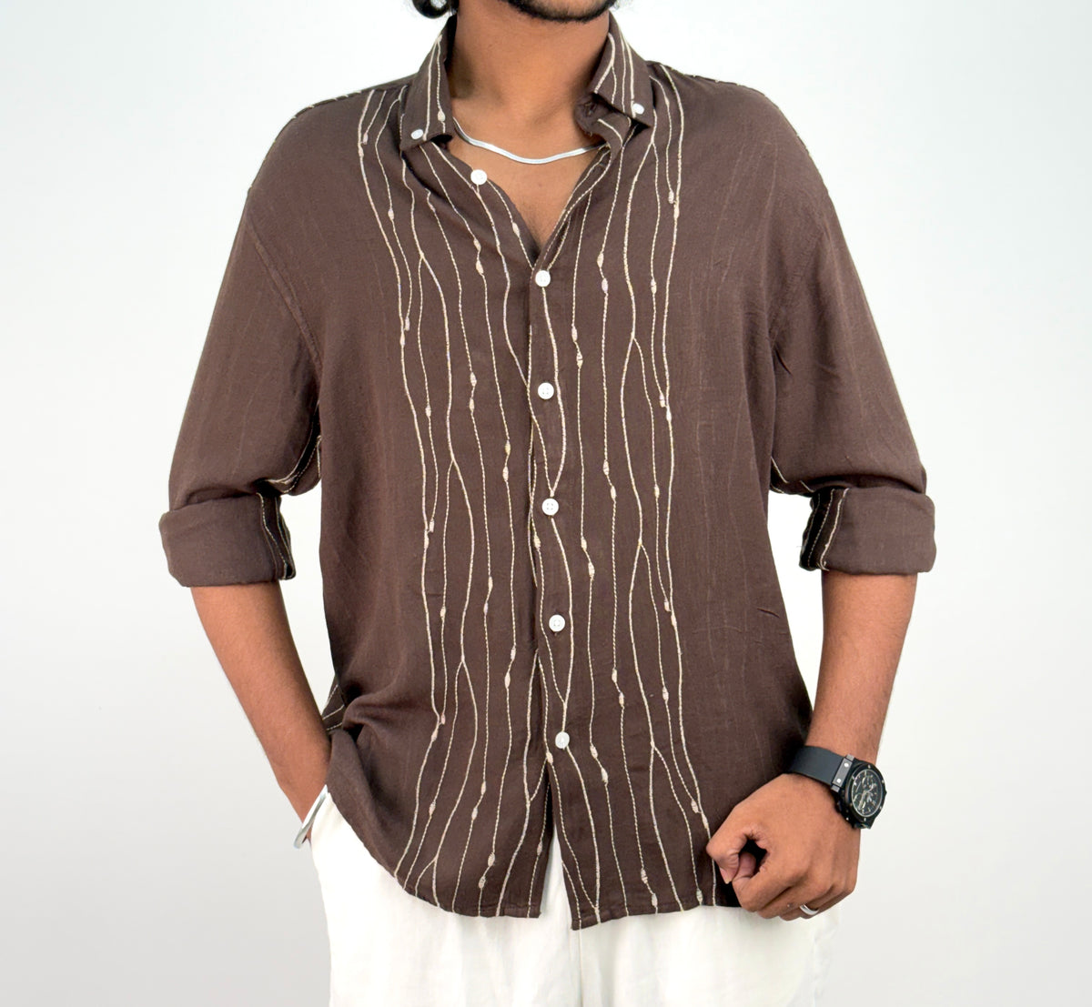 Dark Brown Linen Embroidery Shirt