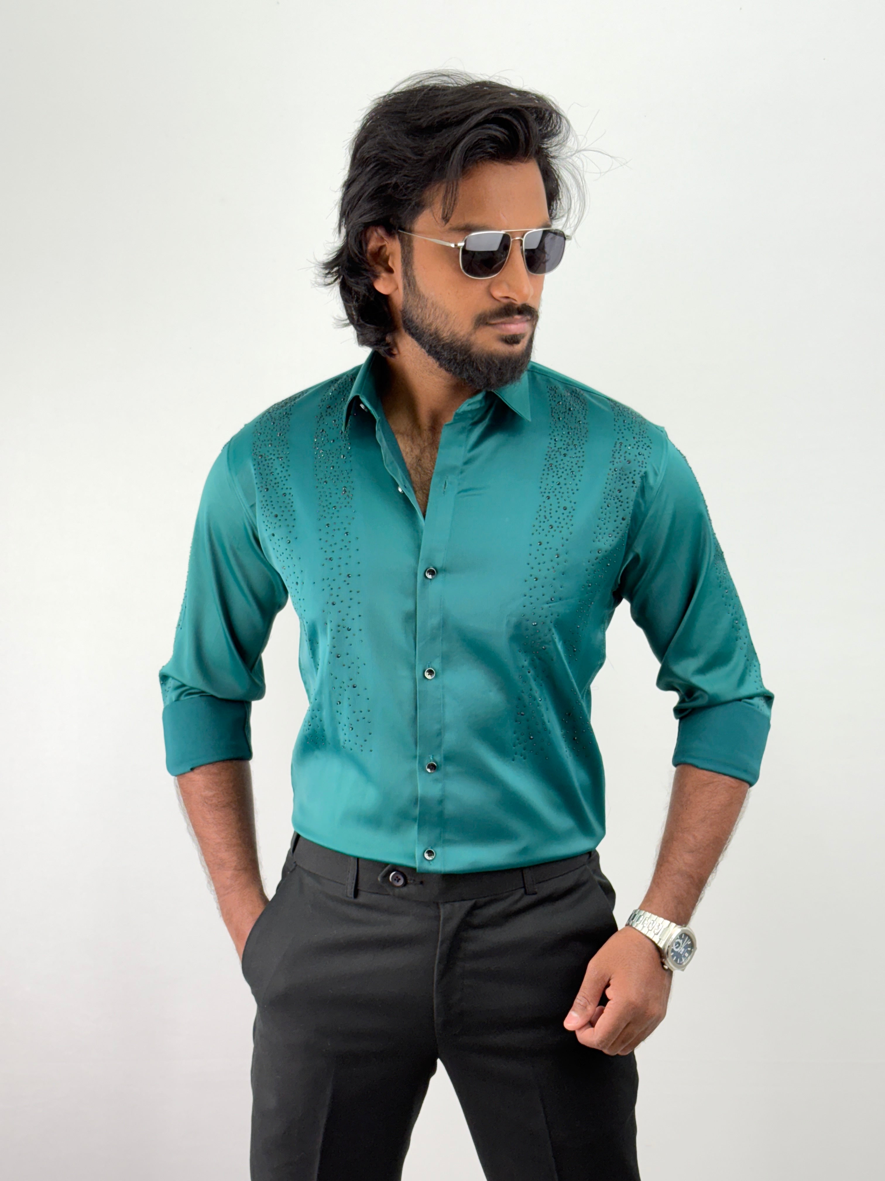Green Designer Stone Work Shirt 5