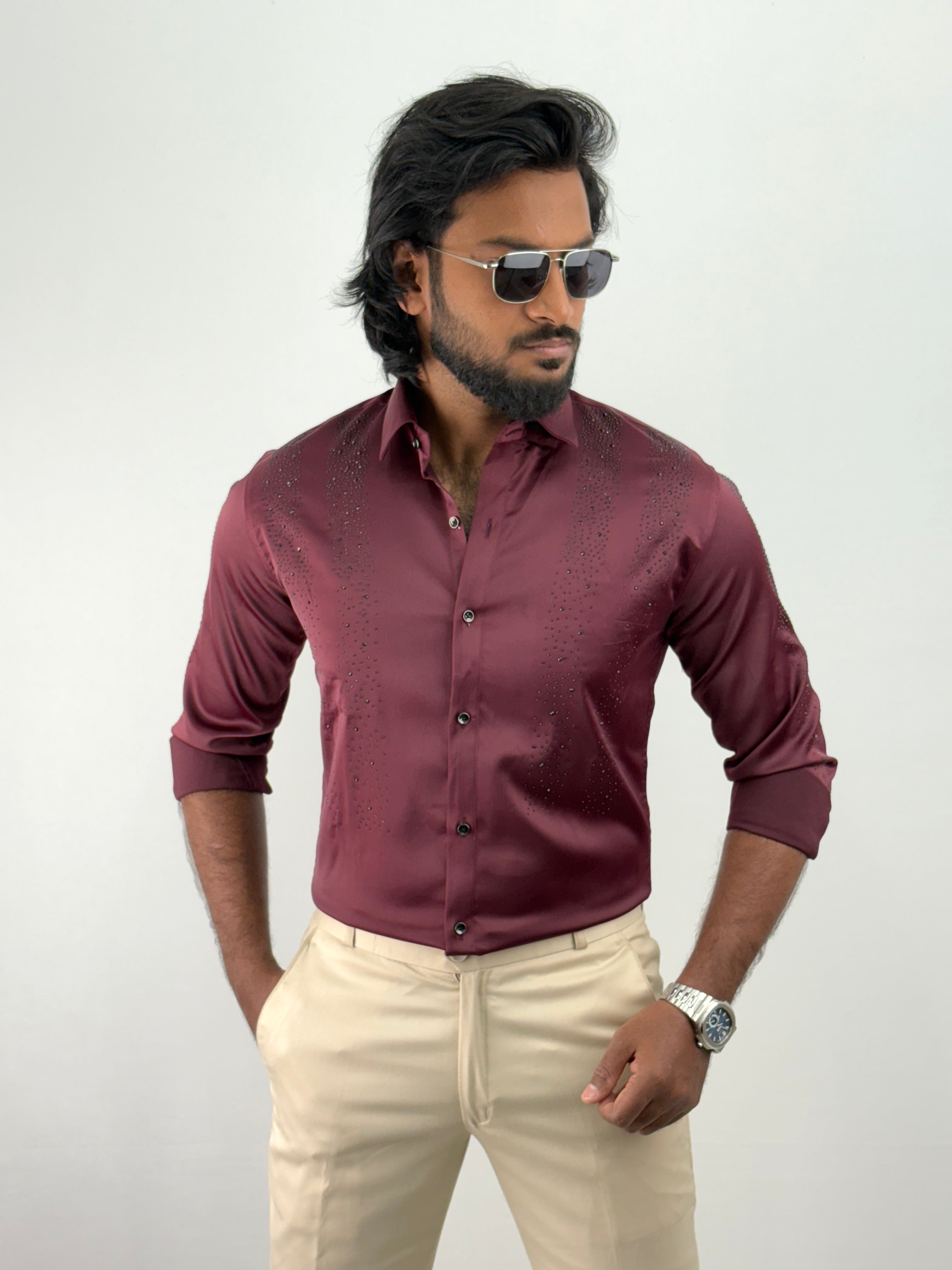 Maroon Designer Stone Work Shirt 5