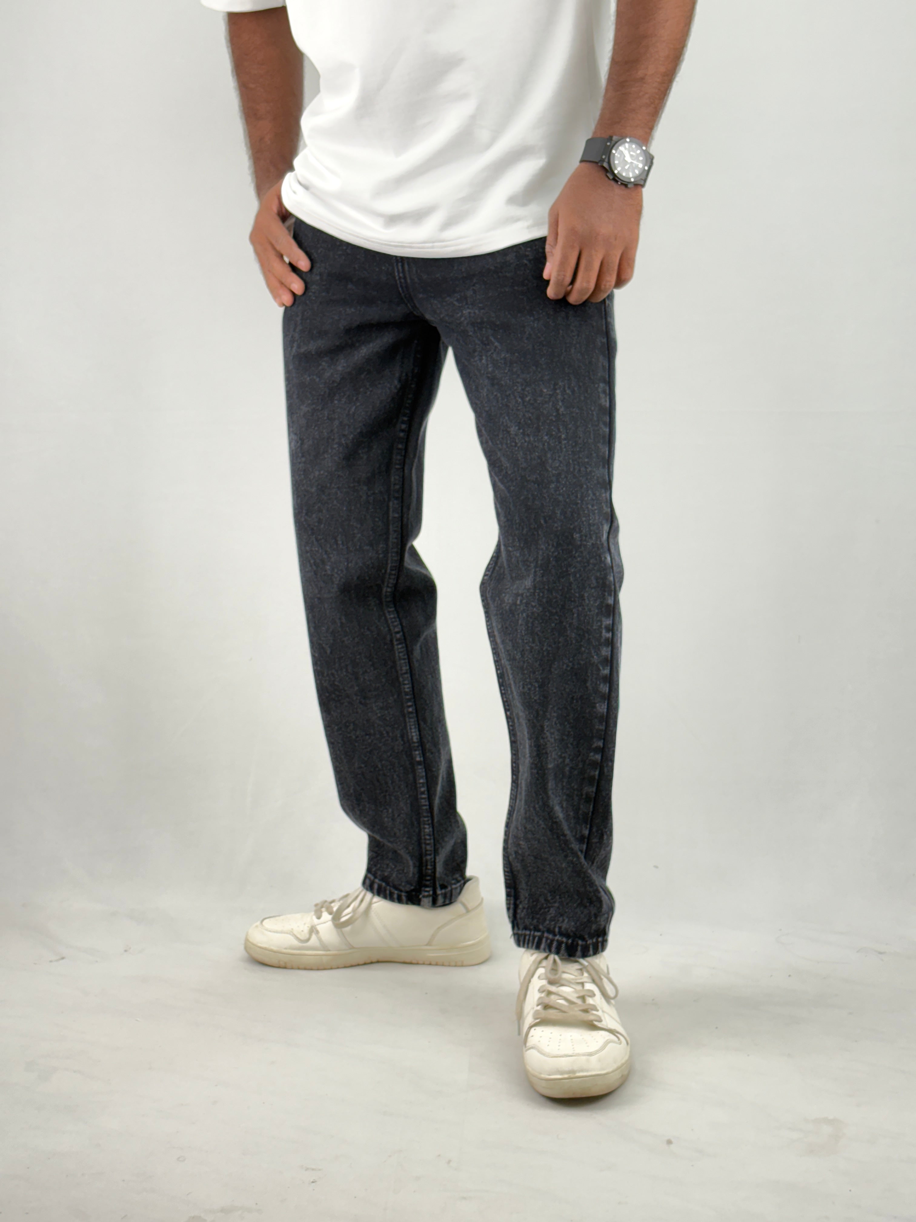 Black Acid Wash Semi Baggy Jean