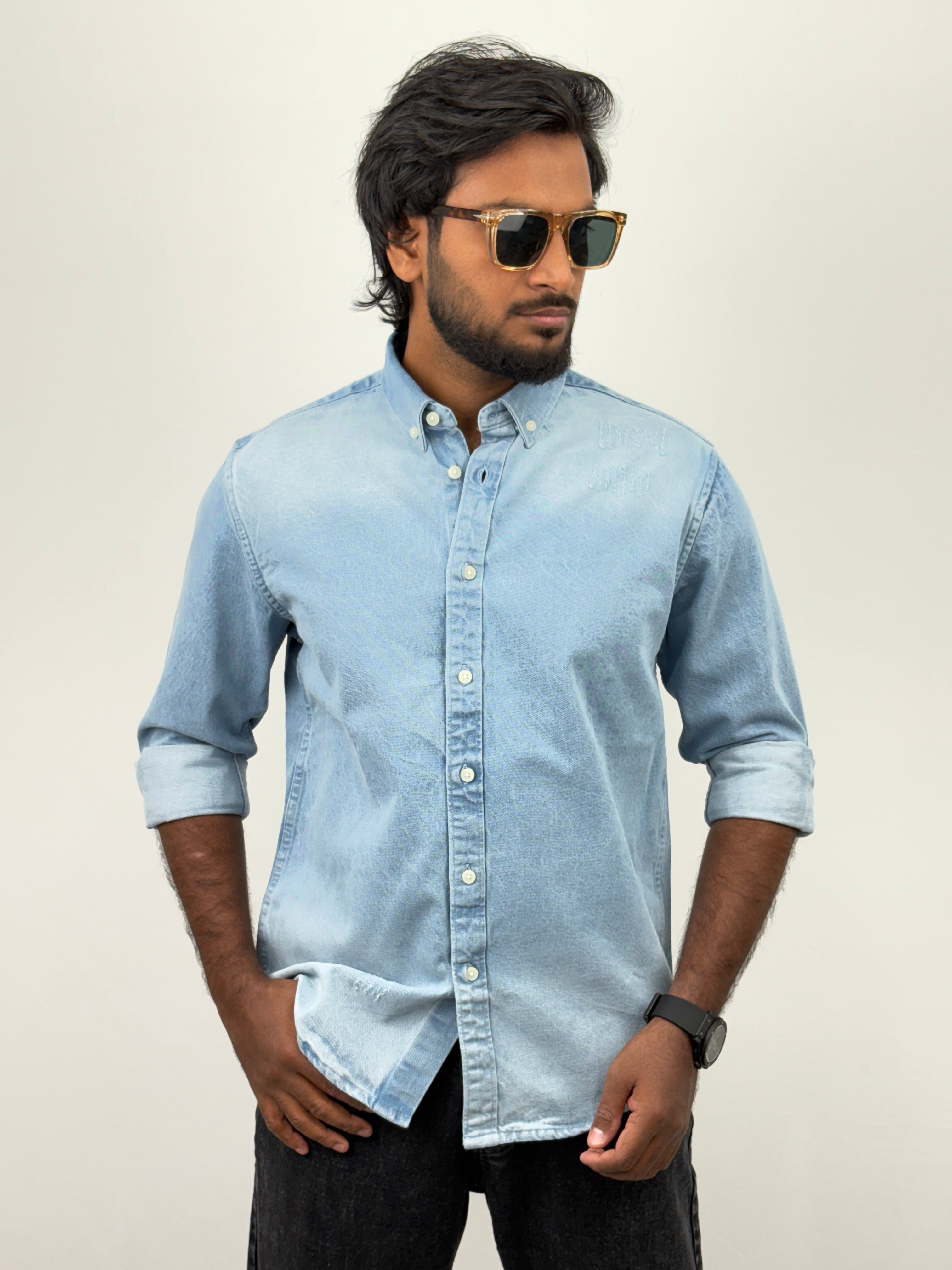 Ice Blue Torn Denim Shirt
