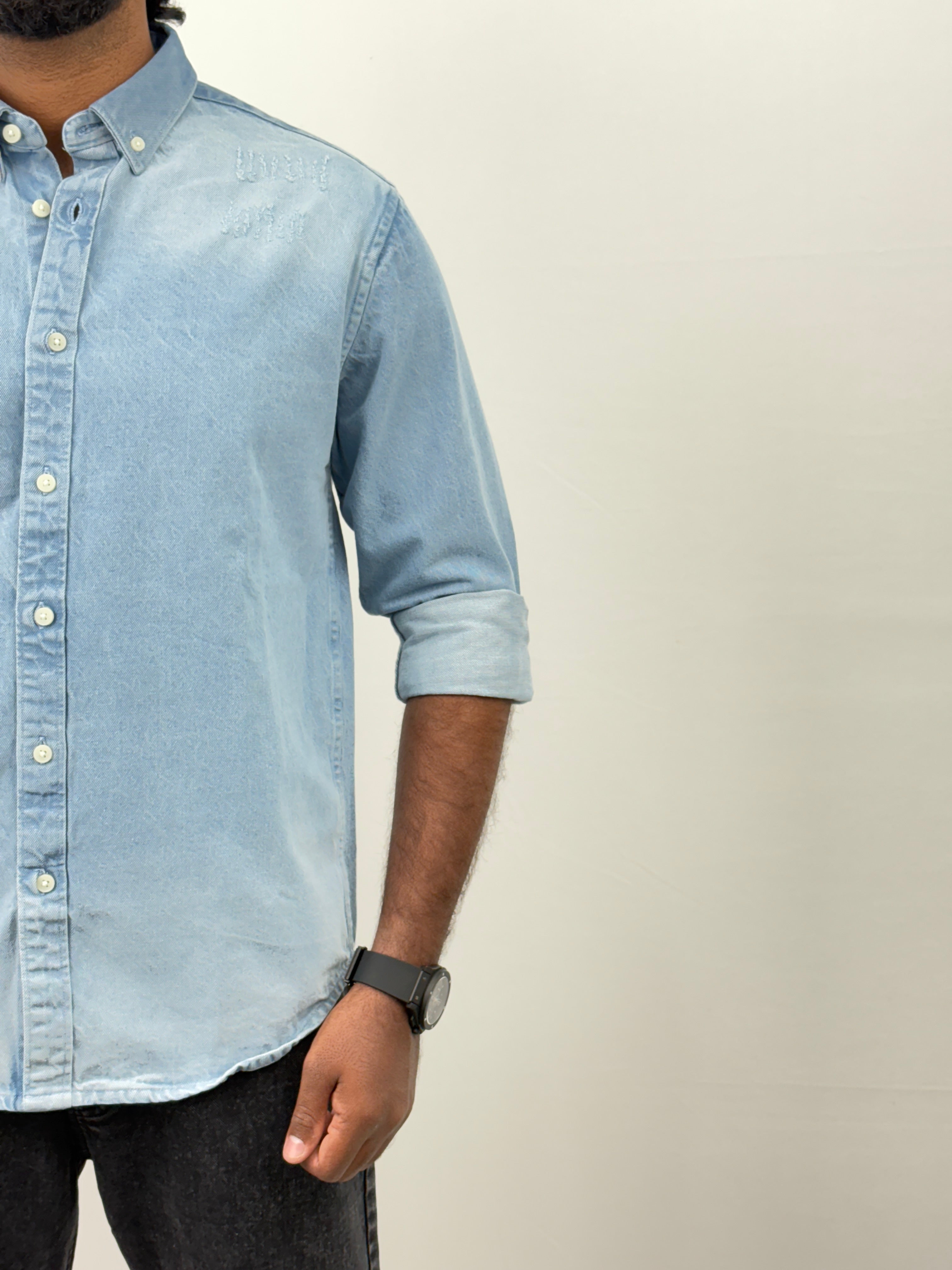 Ice Blue Torn Denim Shirt