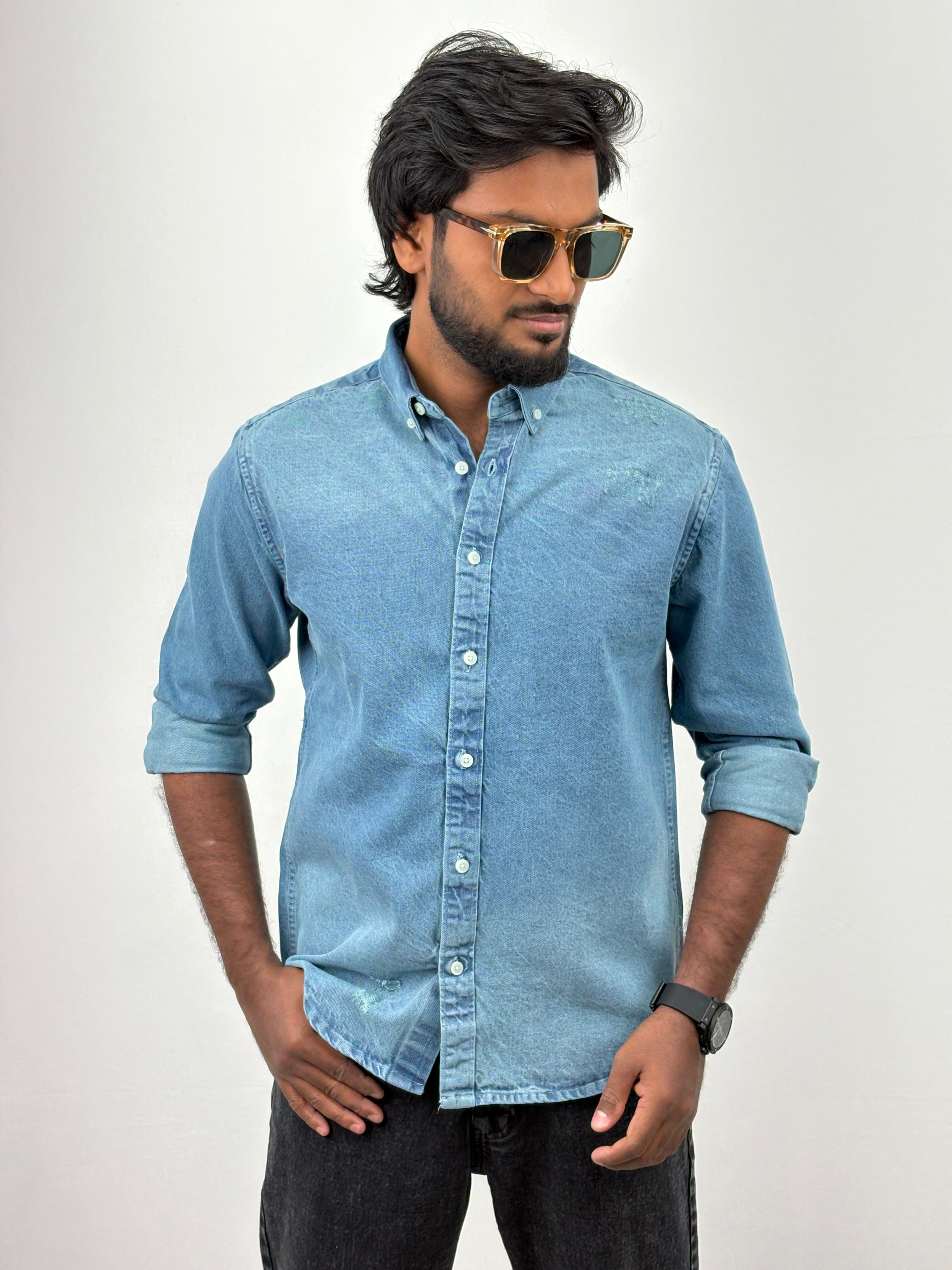 Teal Blue Torn Denim Shirt