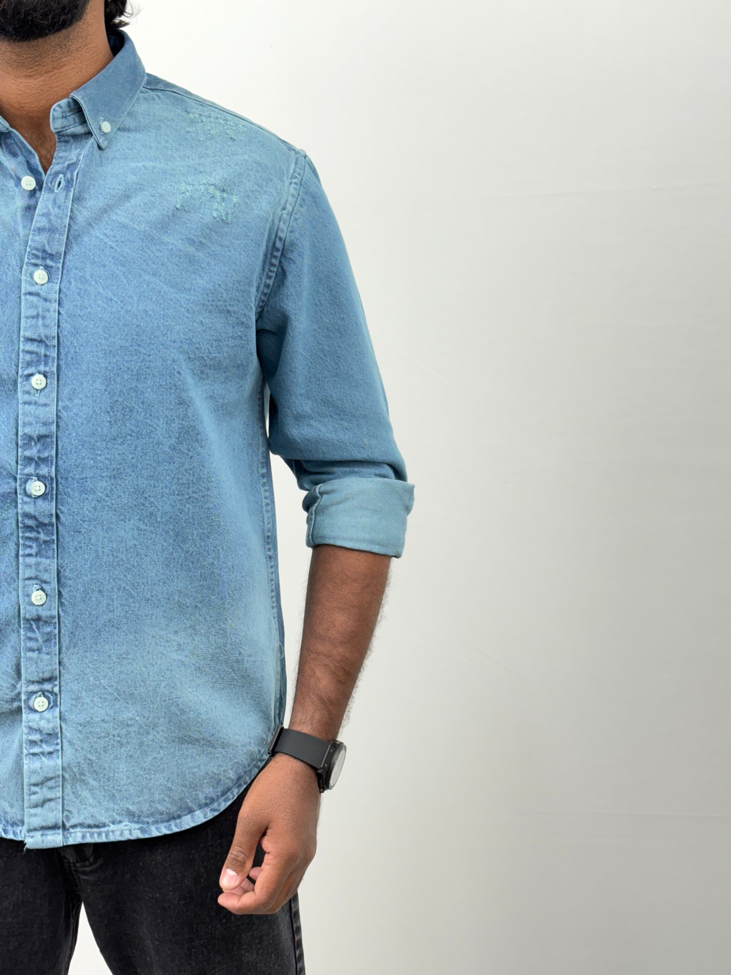 Teal Blue Torn Denim Shirt