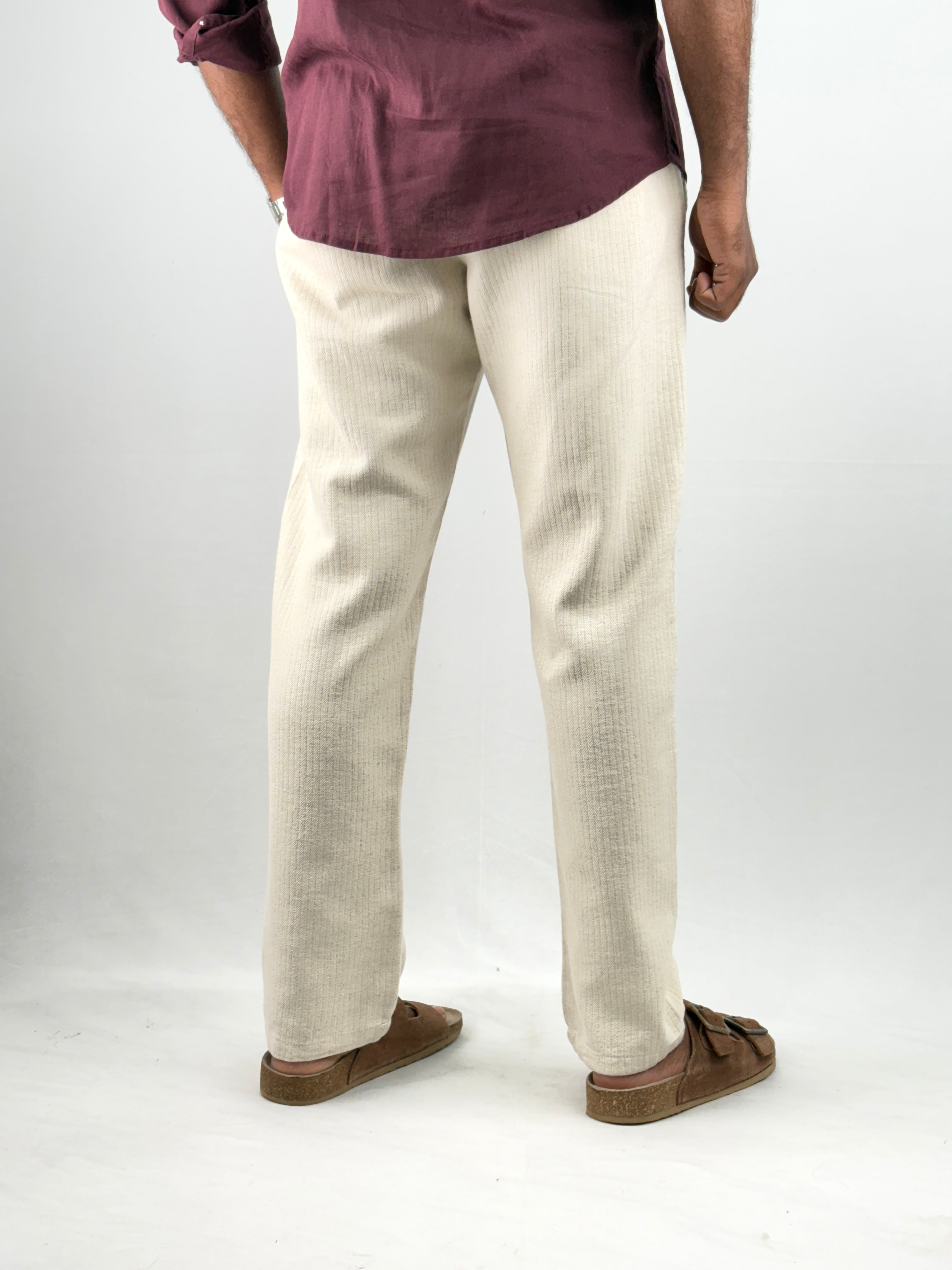 Beige Textured Linen Trouser