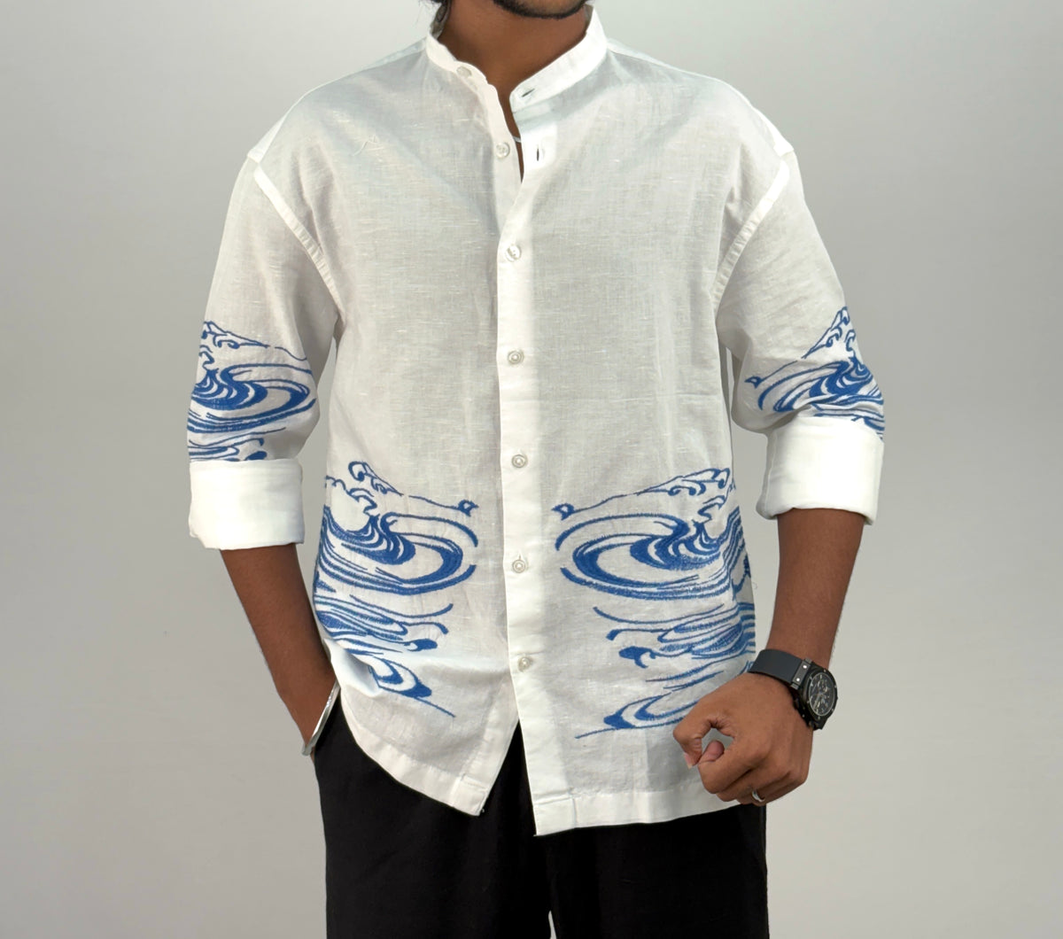 Cream Embroidery Mandarin Linen Shirt