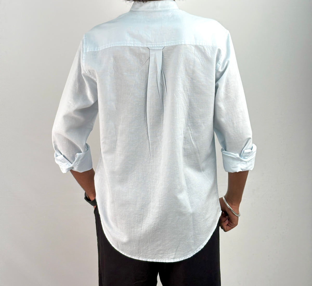 Ice Blue Embroidery Mandarin Linen Shirt