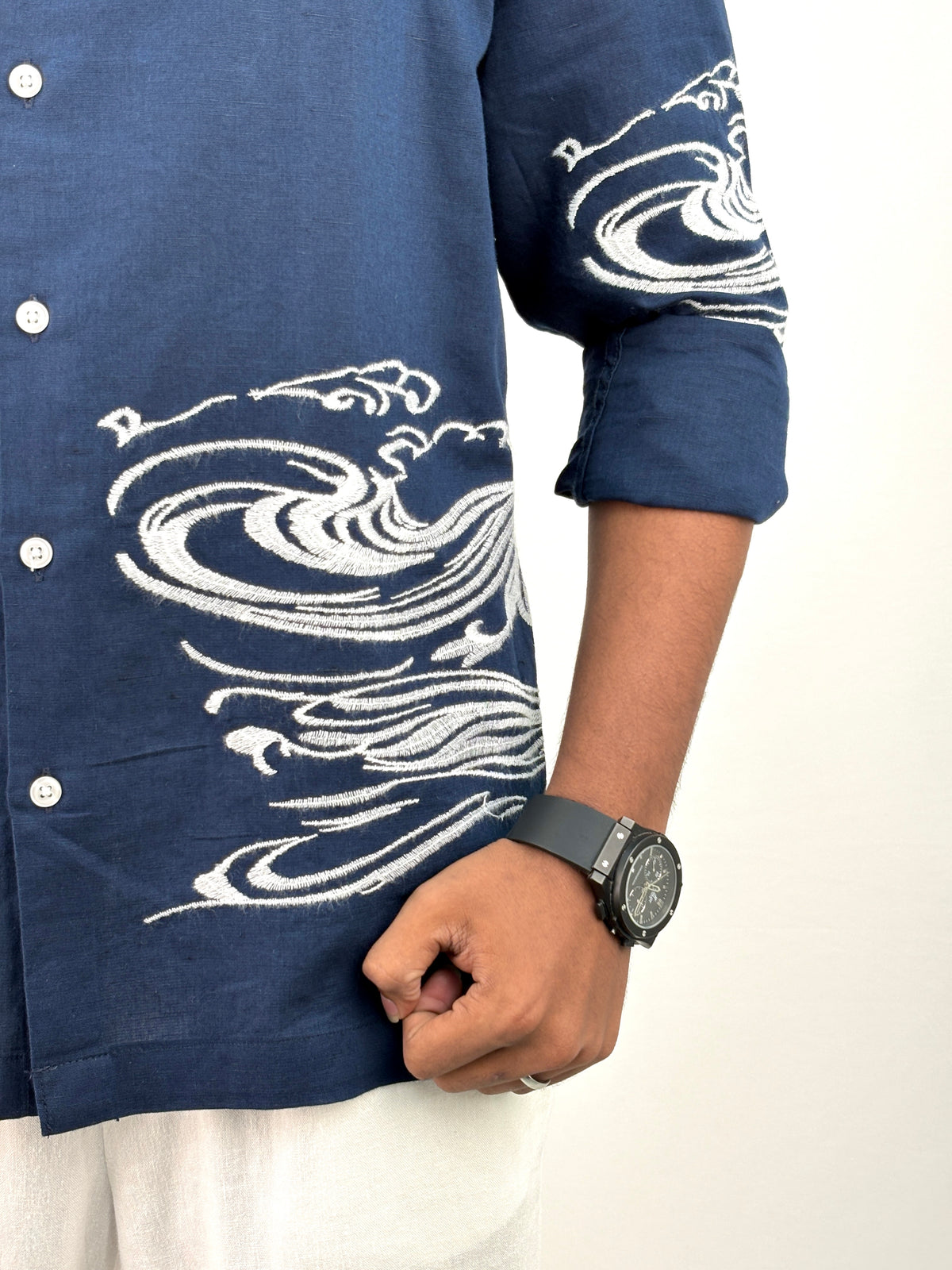 Navy Embroidery Mandarin Linen Shirt
