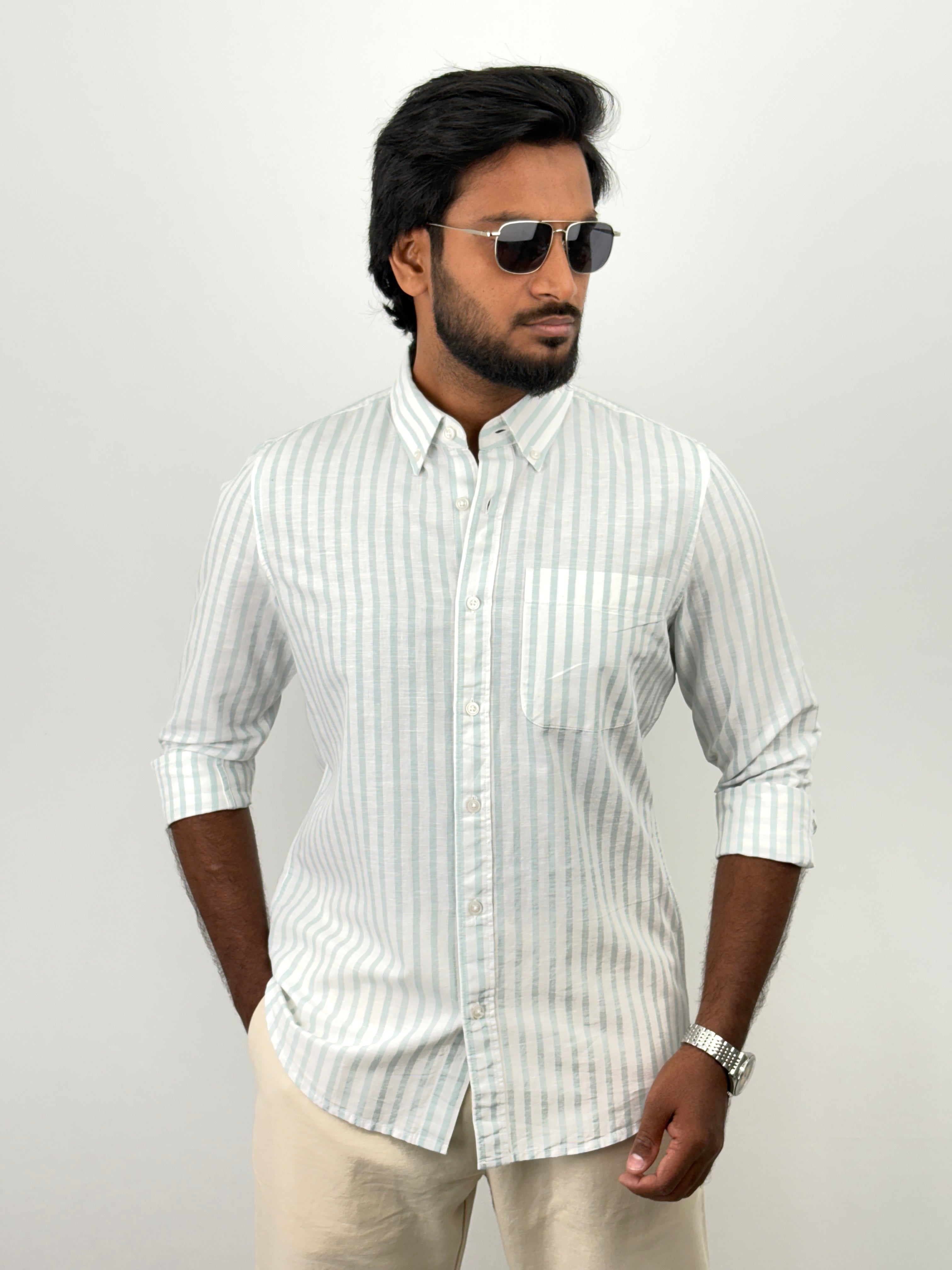 White Aqua Linen Stripe shirt