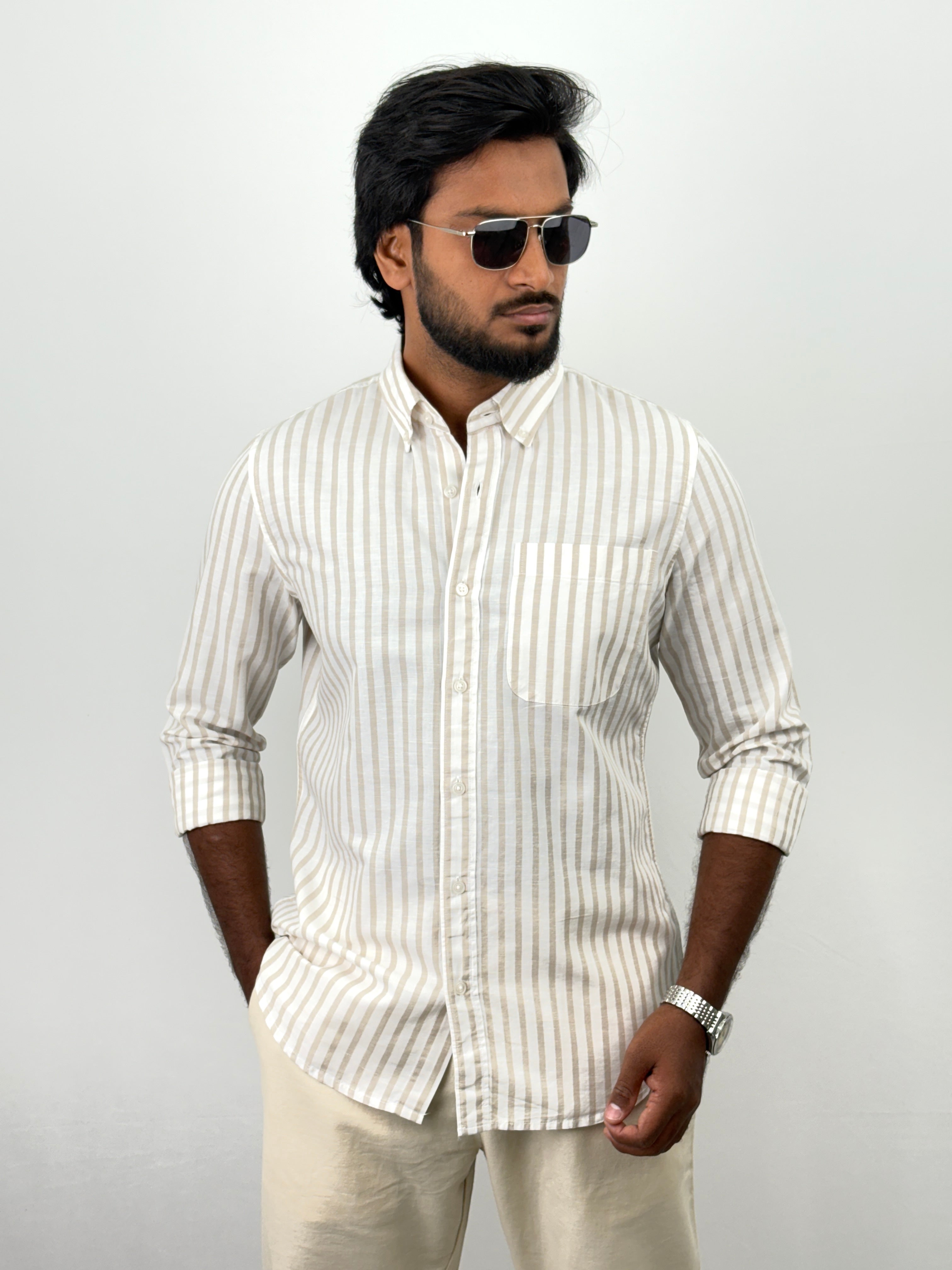 White Beige Linen Stripe shirt