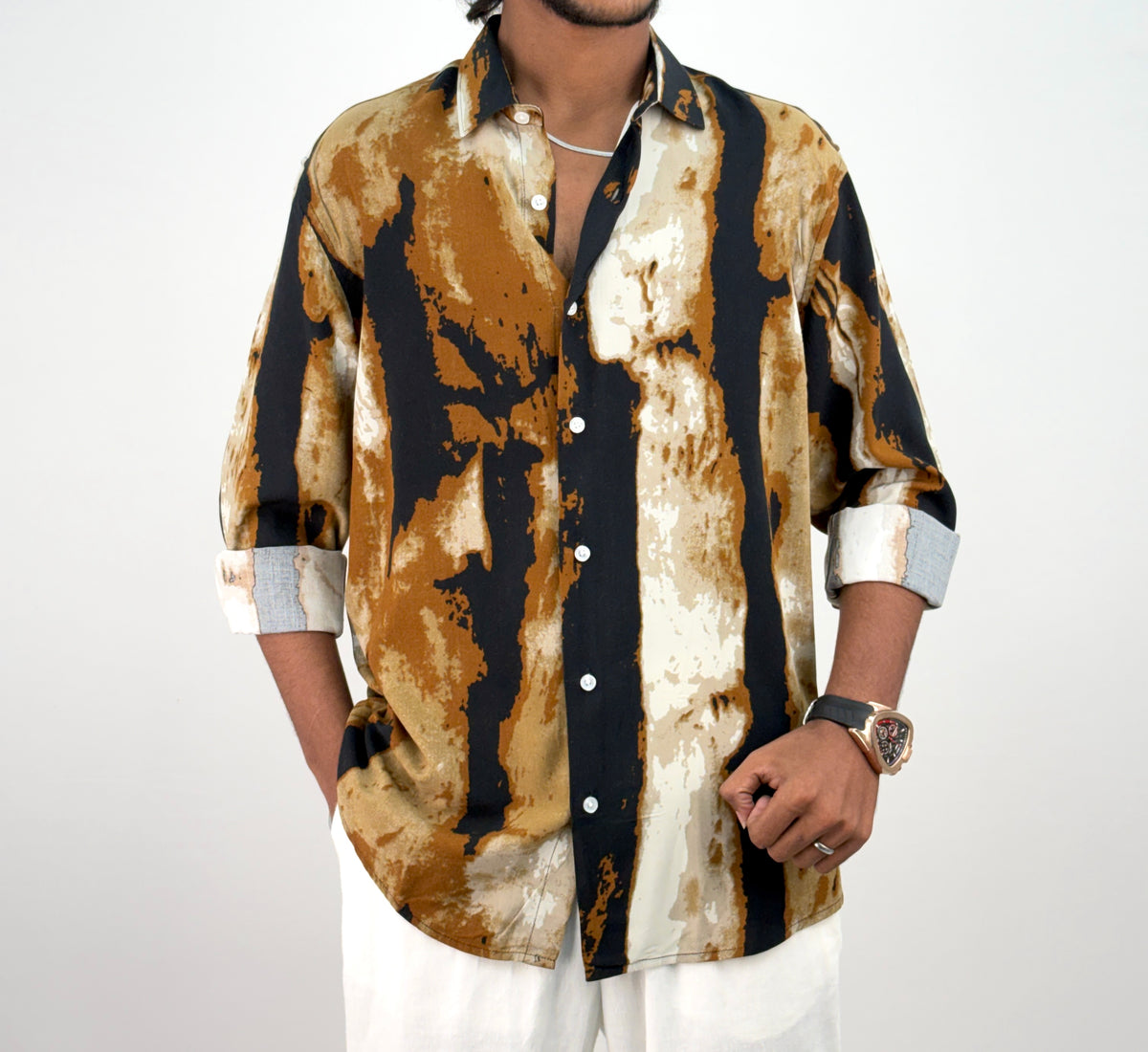 Mustard Black Viscose Printed Shirt
