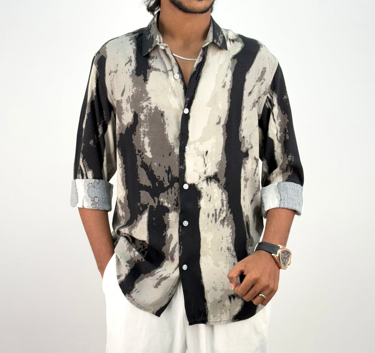 Grey Black Viscose Printed Shirt