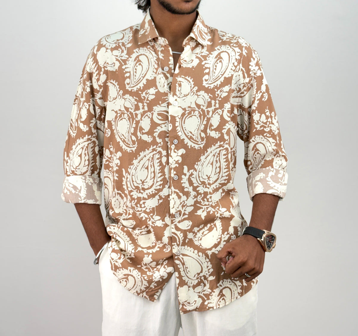 Brown Viscose Printed Shirt