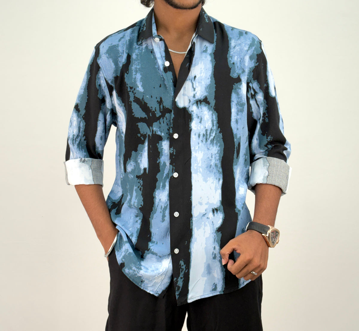 Blue Black Viscose Printed Shirt