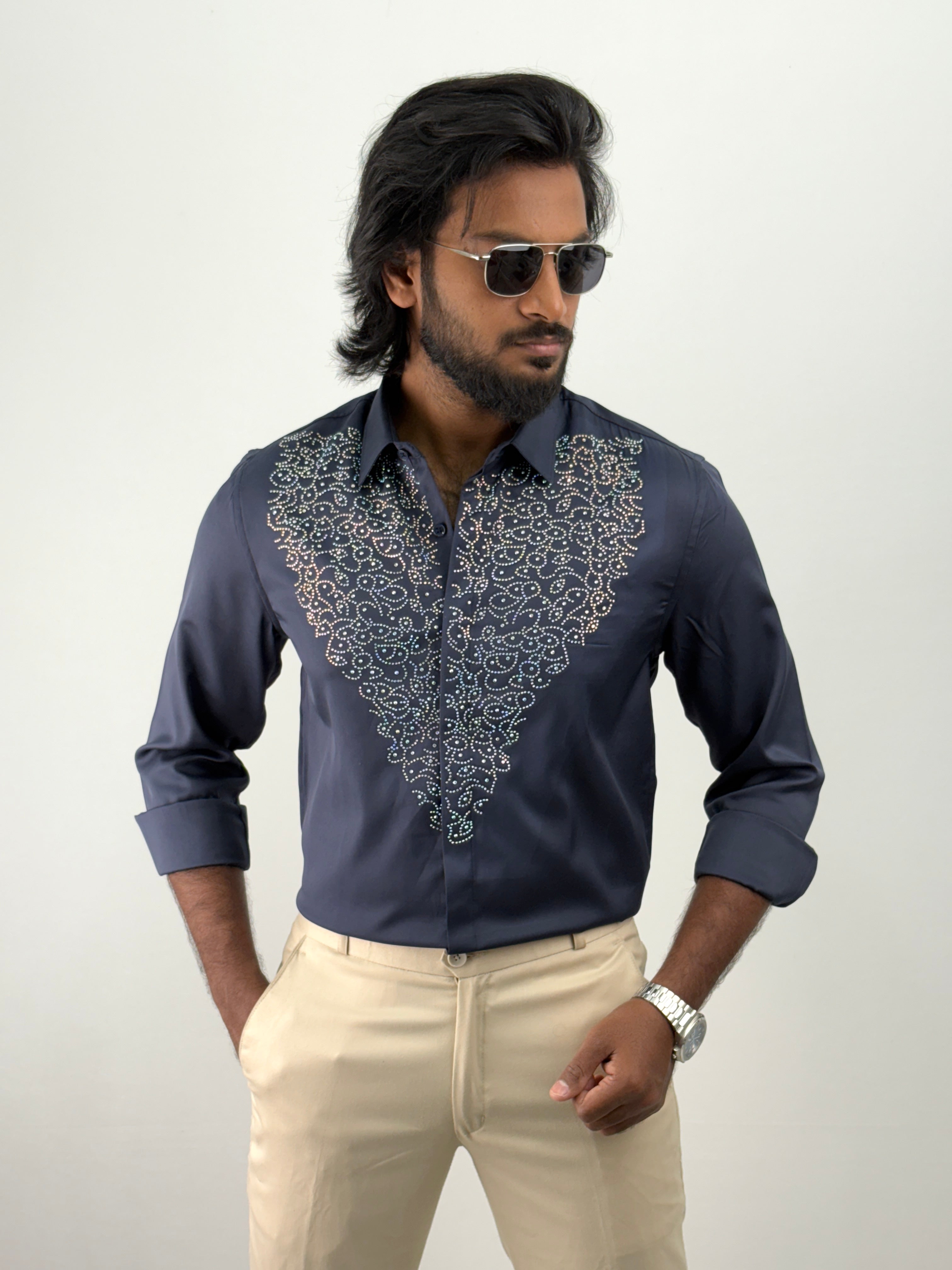 Navy Designer Stone Work Shirt
