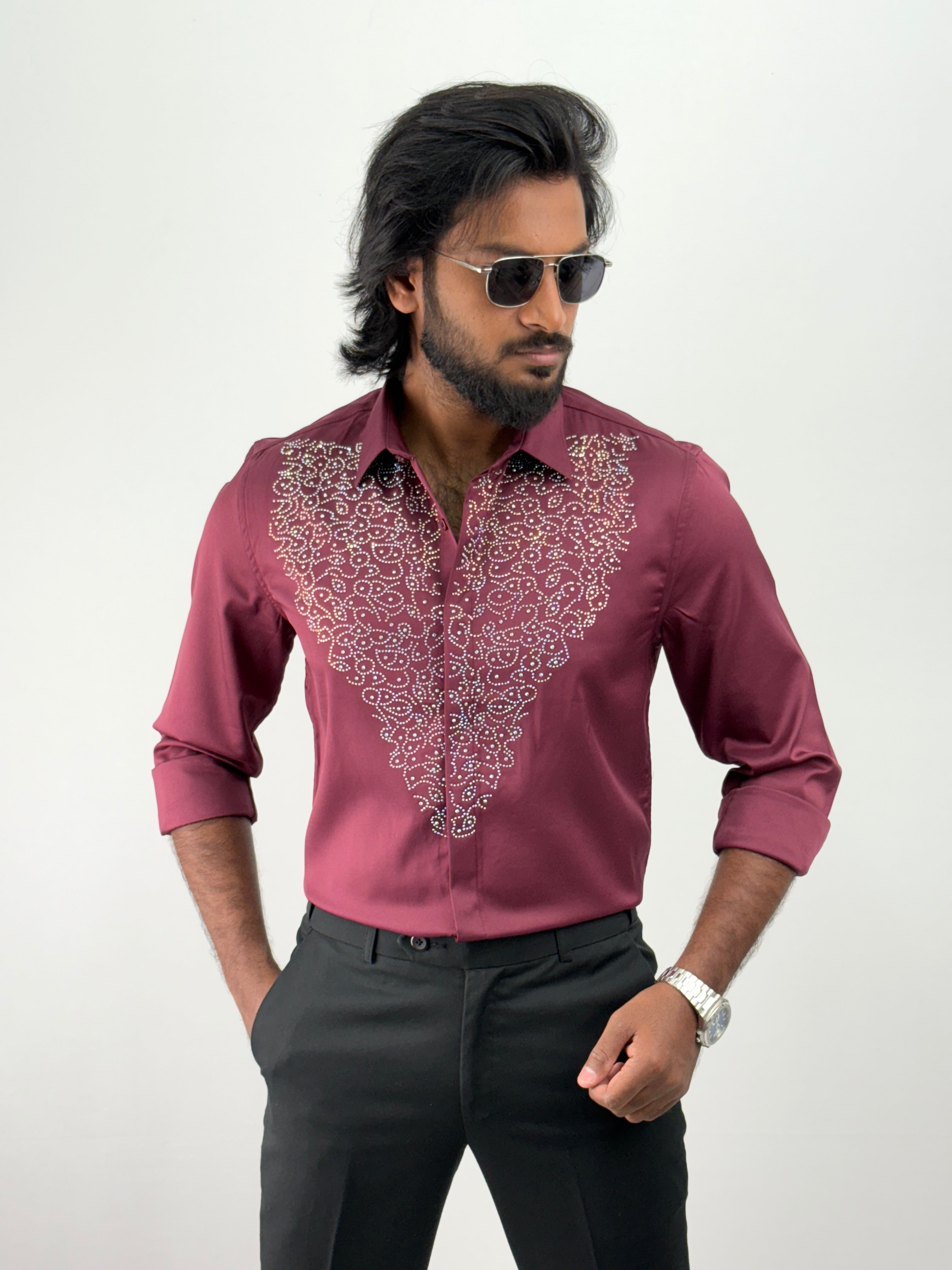 Maroon Designer Stone Work Shirt
