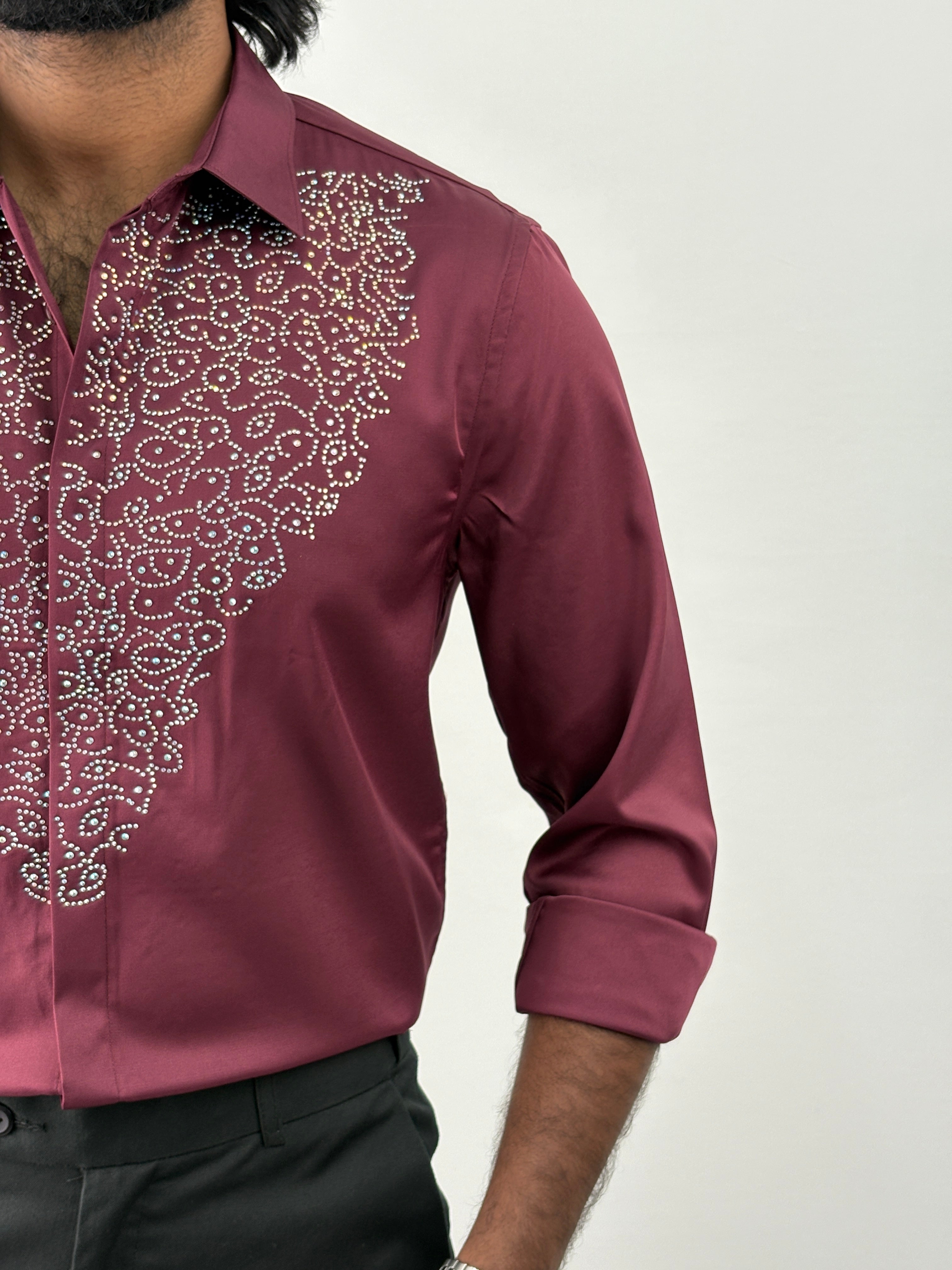 Maroon Designer Stone Work Shirt