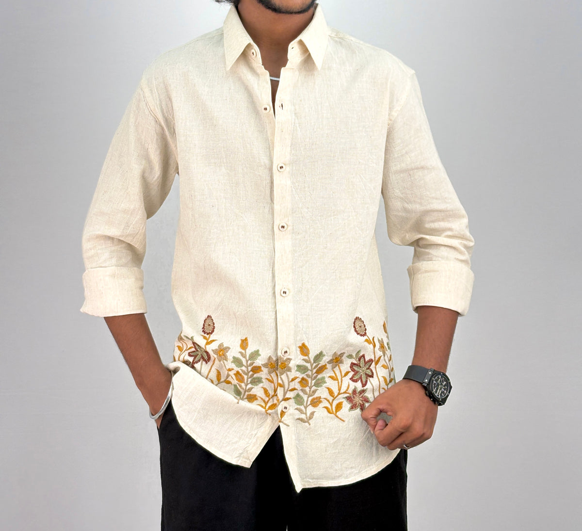 Beige Mustard Bottom Embroidery Shirt