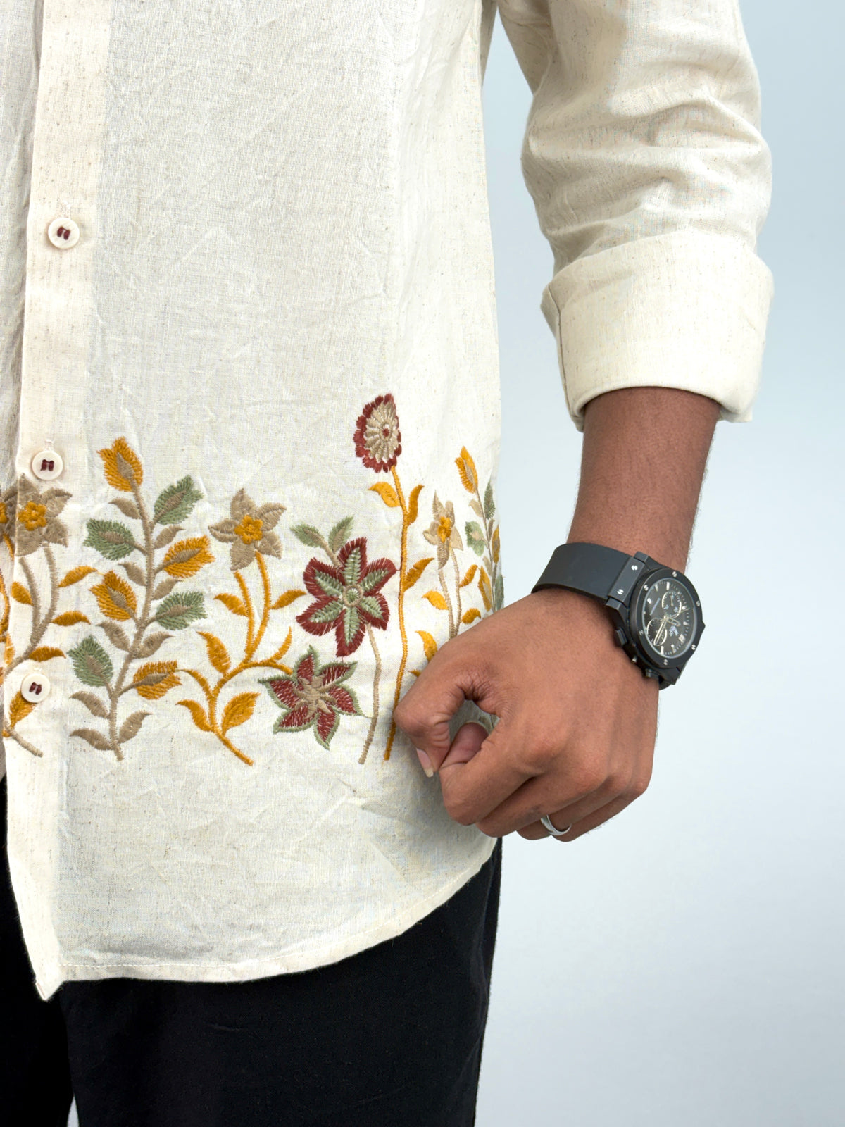 Beige Mustard Bottom Embroidery Shirt