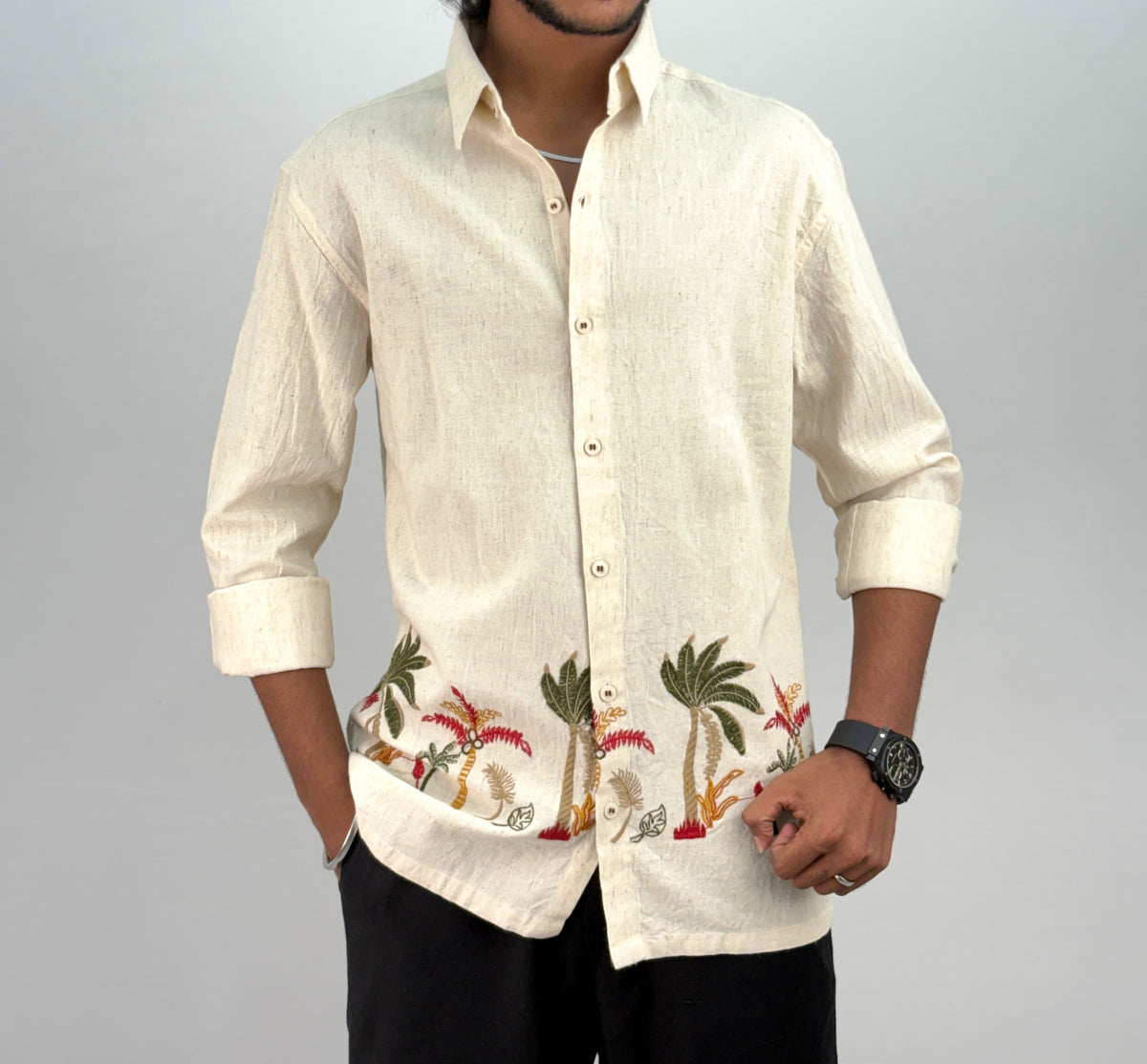 Beige Red Bottom Embroidery Shirt