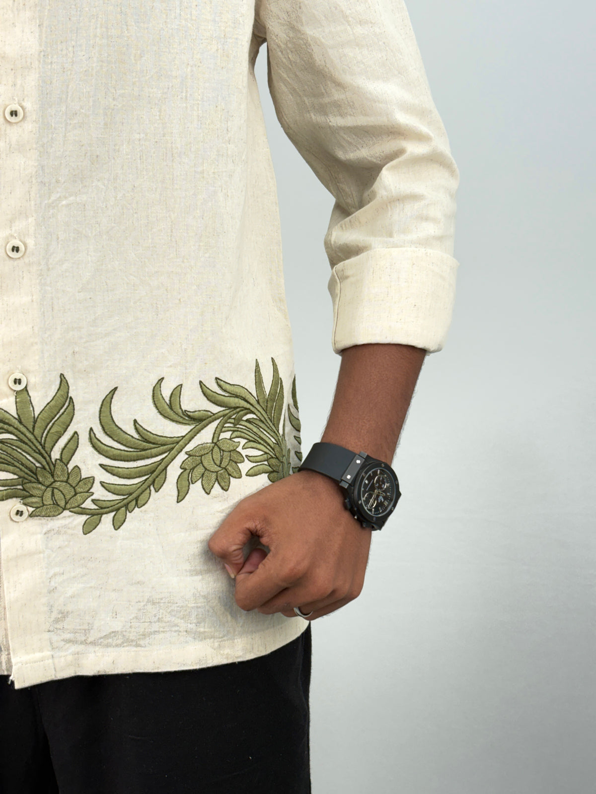 Beige Green 2 Bottom Embroidery Shirt