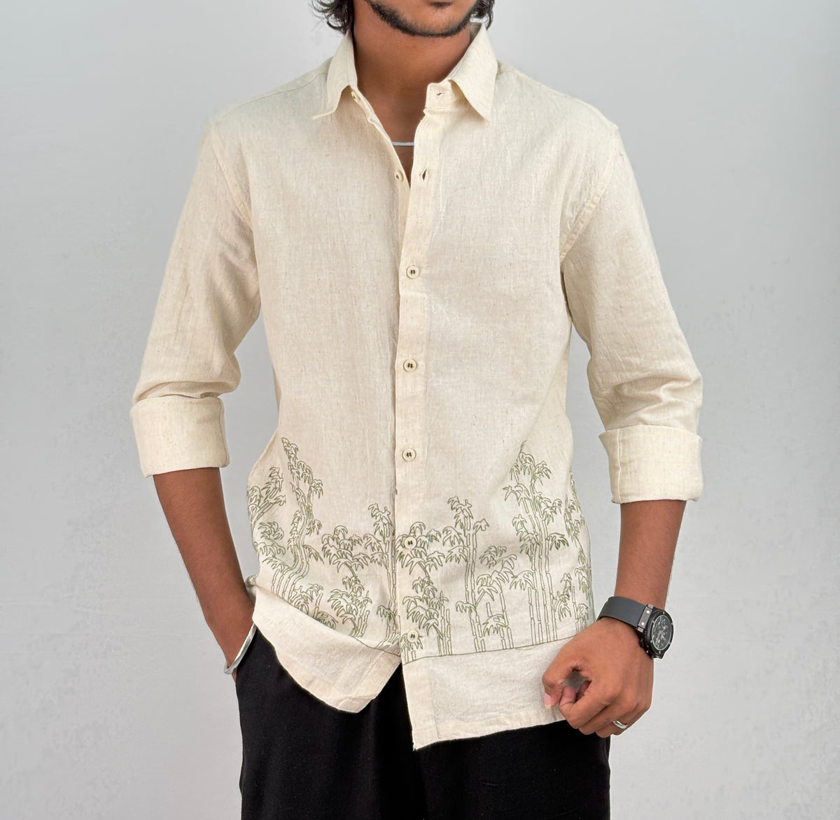 Beige Green 1 Bottom Embroidery Shirt