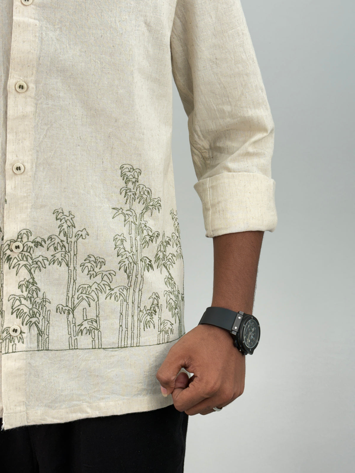 Beige Green 1 Bottom Embroidery Shirt