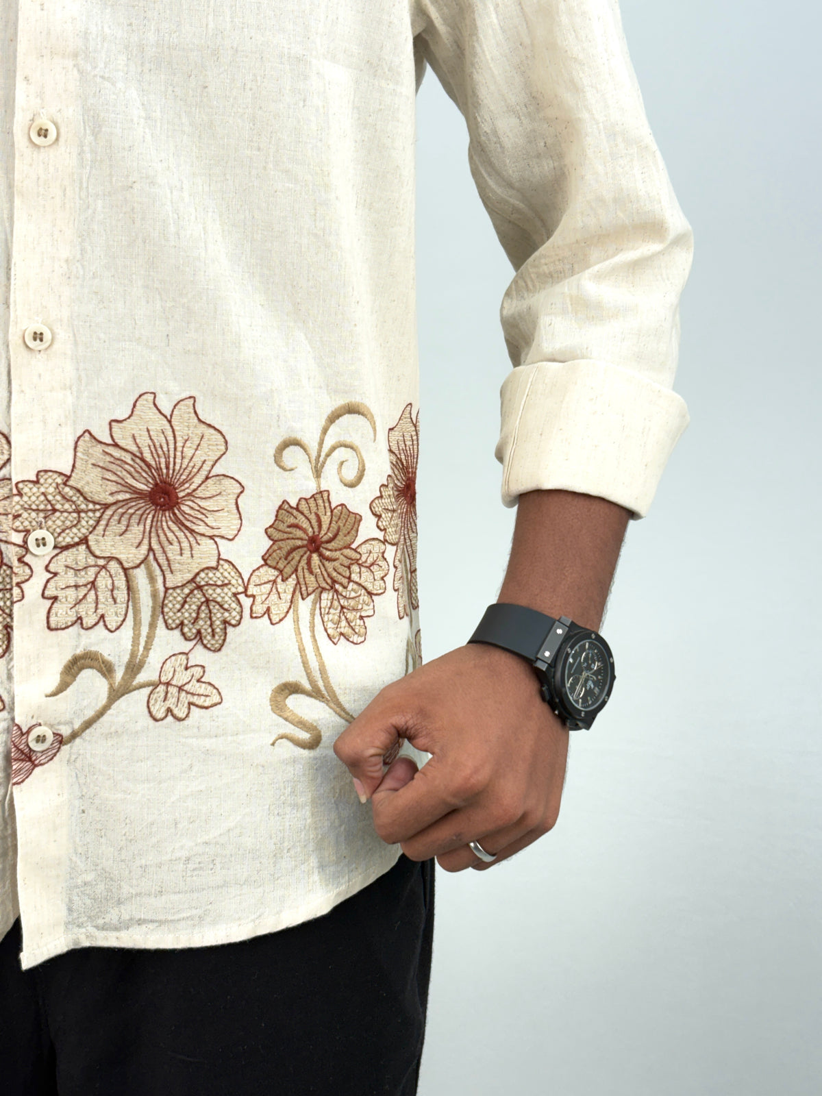 Beige Maroon 2 Bottom Embroidery Shirt
