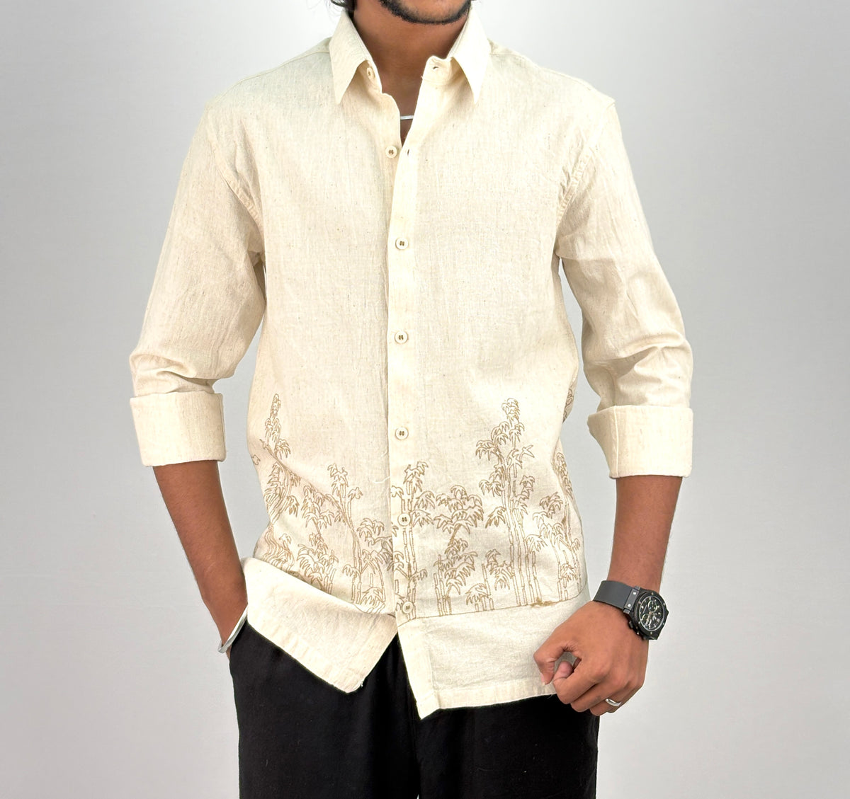 Beige Brown Bottom Embroidery Shirt