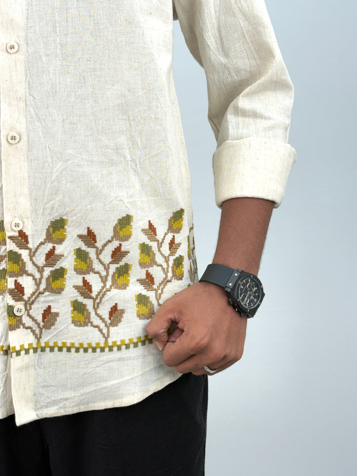 Beige Yellow Bottom Embroidery Shirt