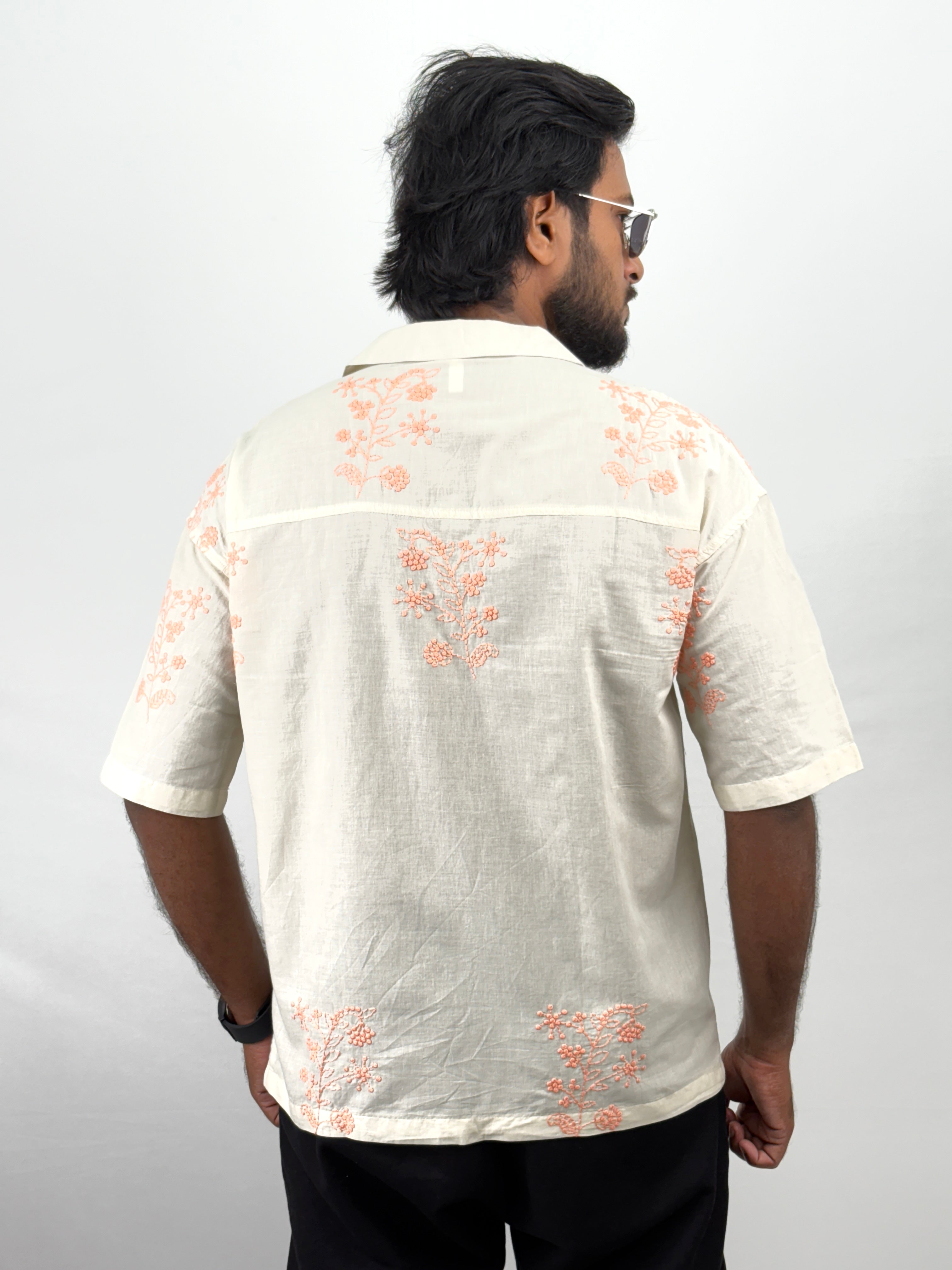 Beige Orange Oversized Half Sleeve Shirt