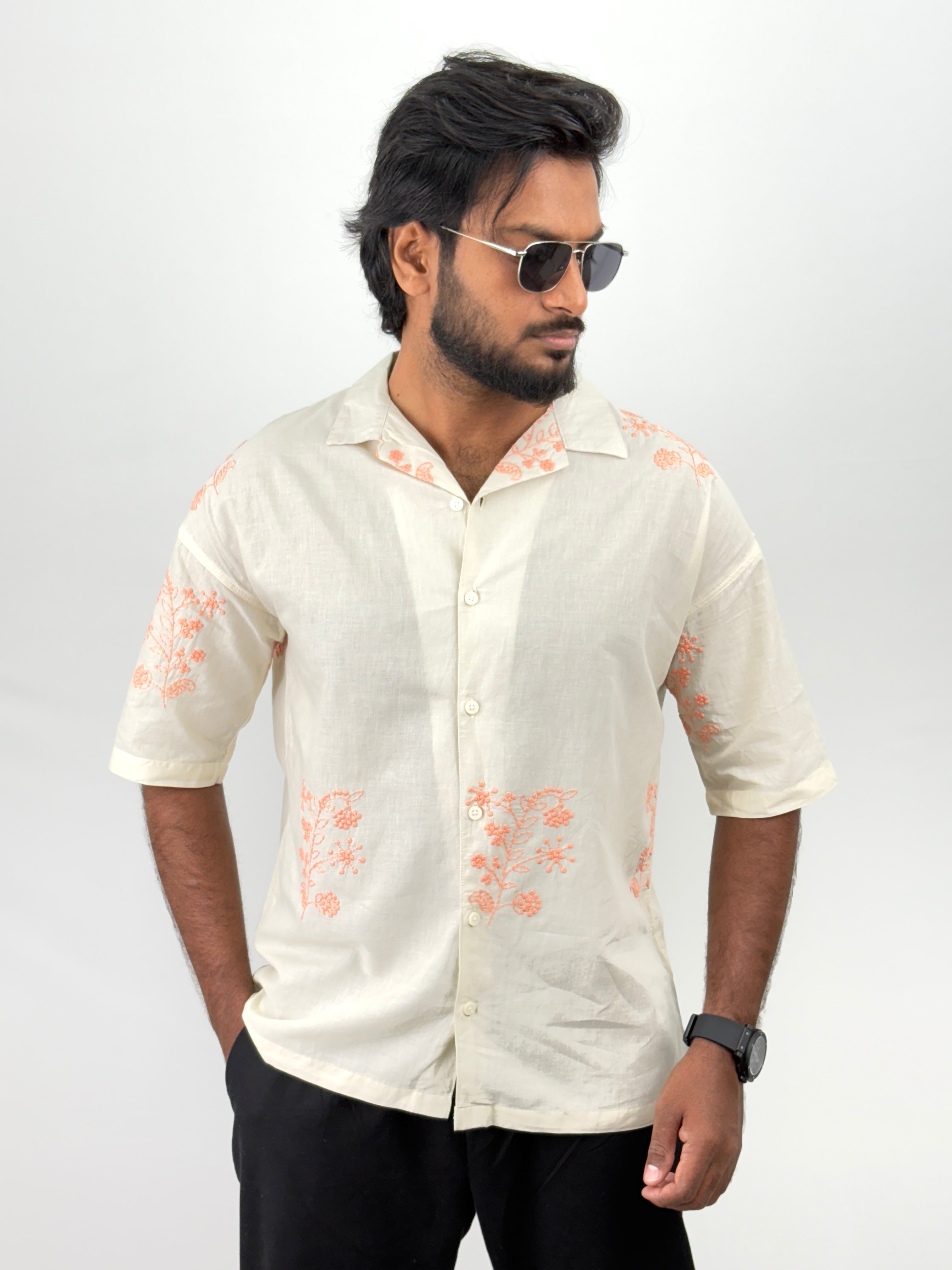 Beige Orange Oversized Half Sleeve Shirt
