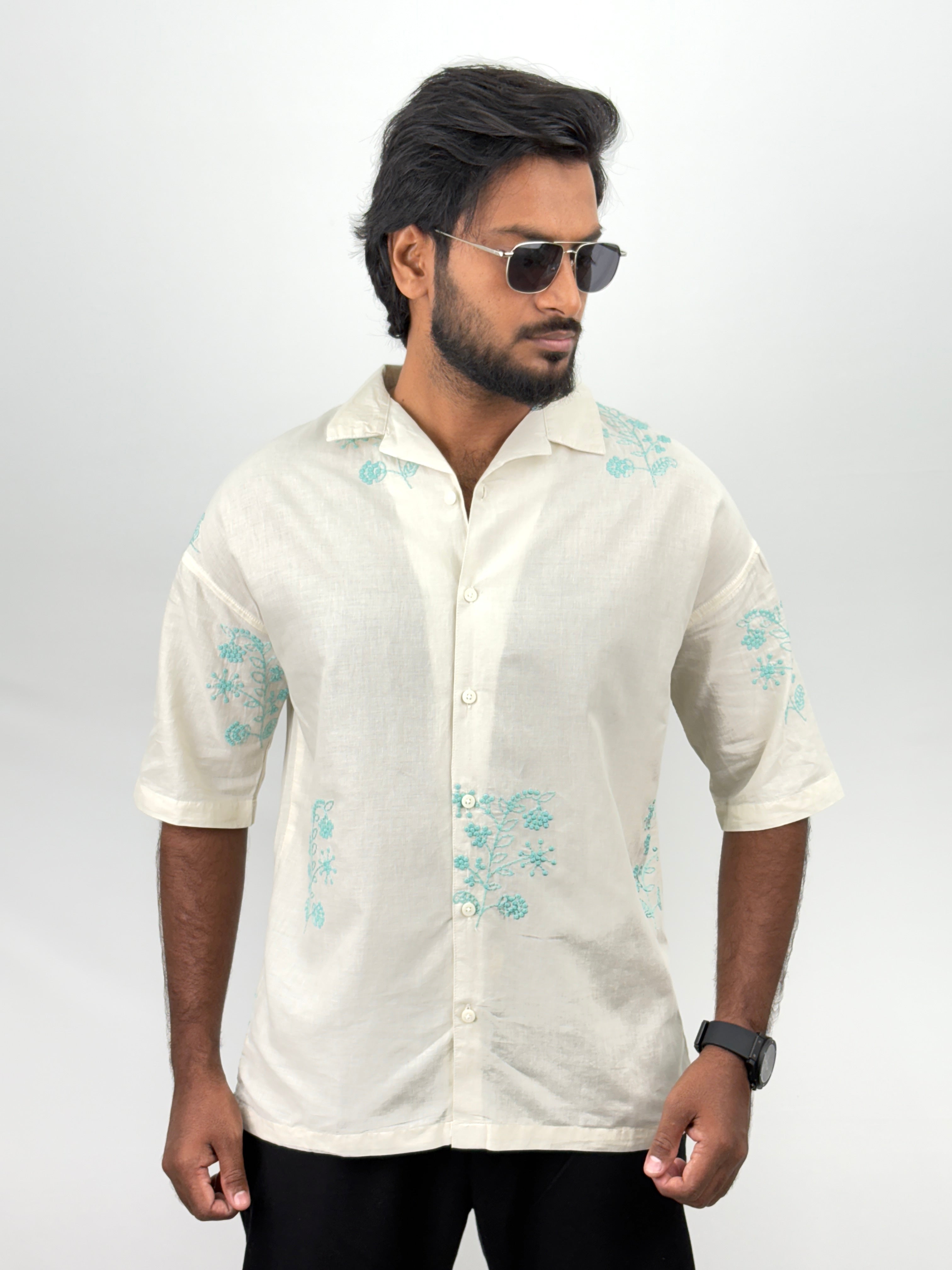 Beige Blue Oversized Half Sleeve Shirt