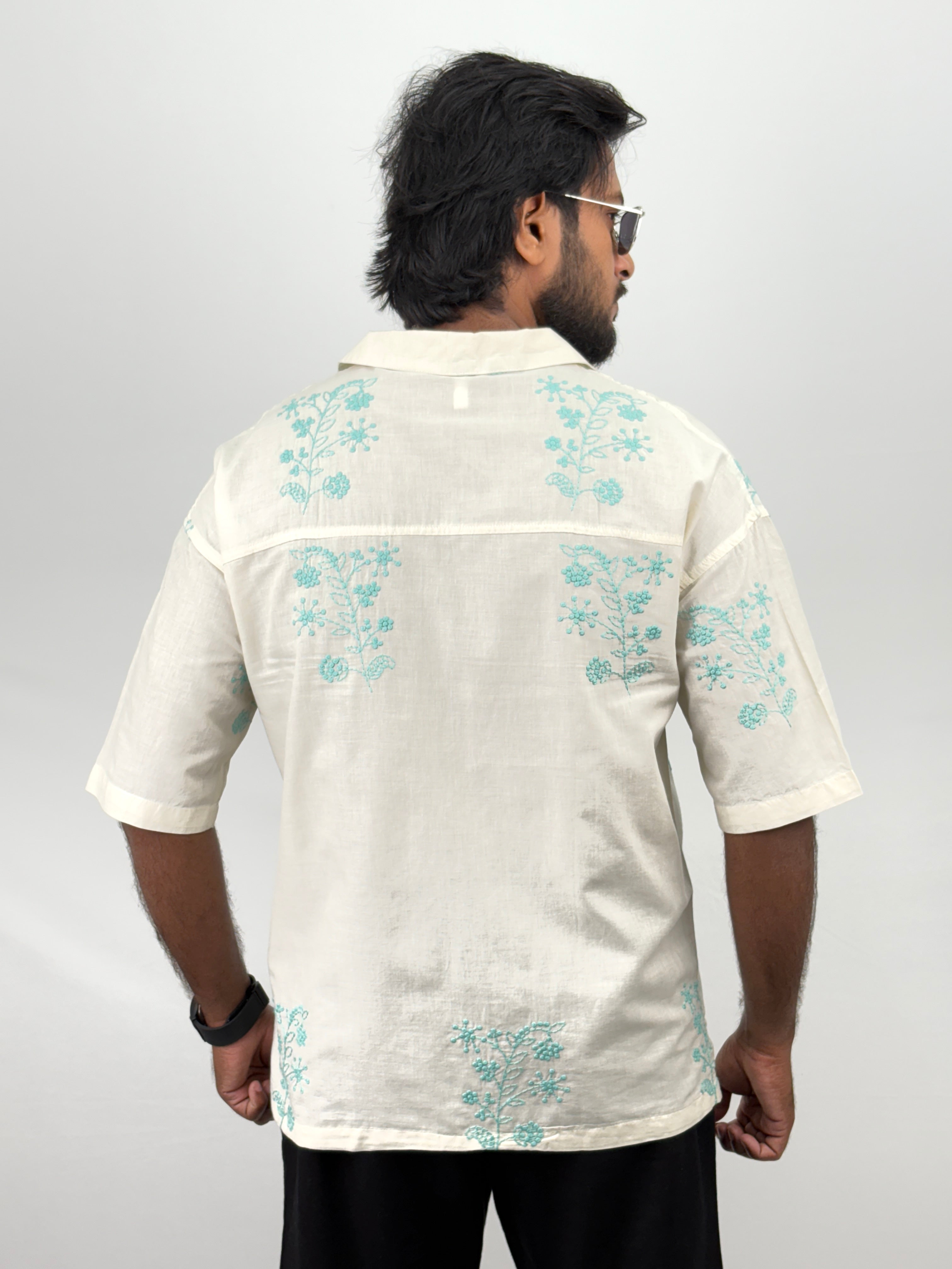 Beige Blue Oversized Half Sleeve Shirt
