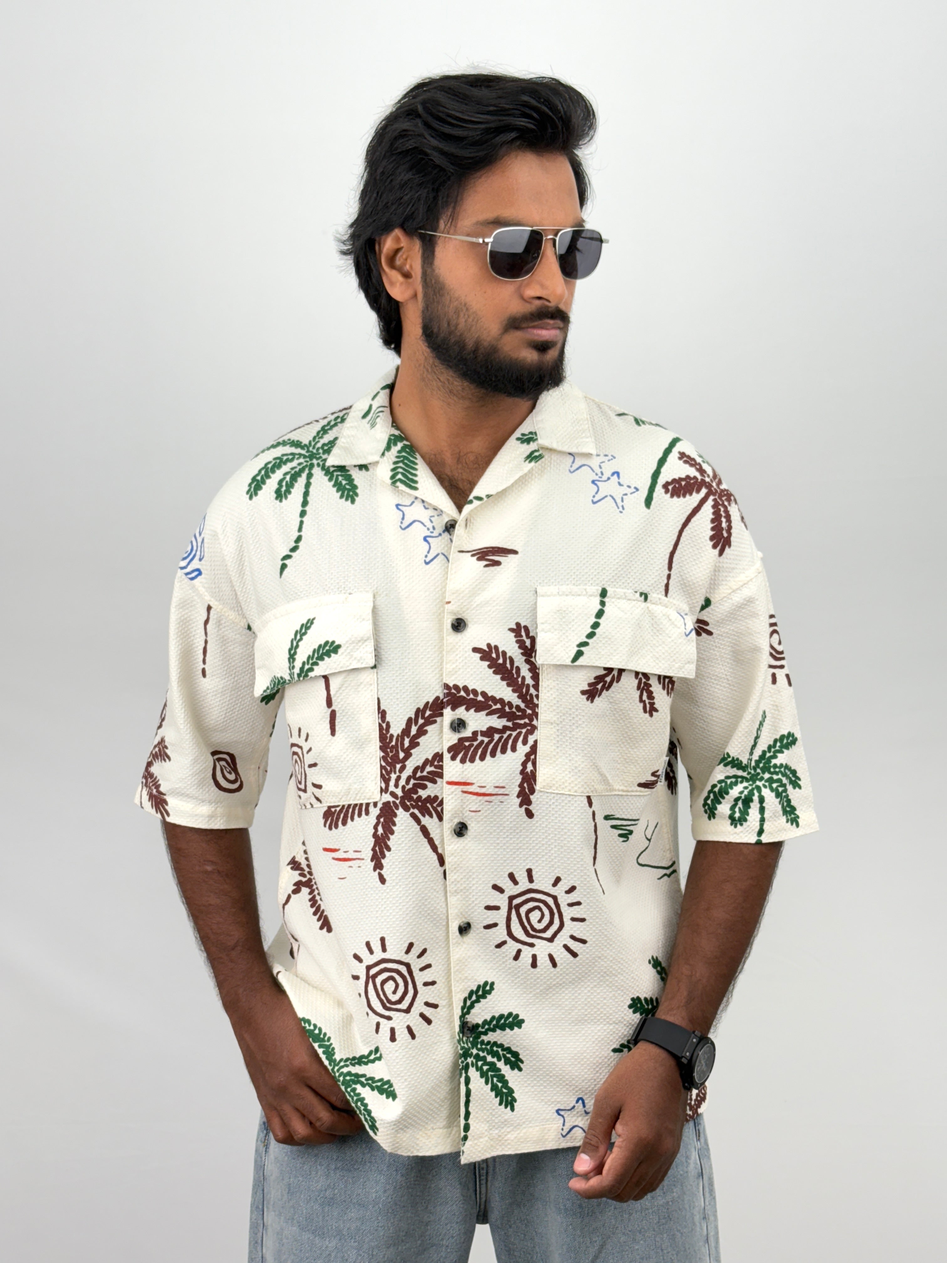 Beige Printed Oversized Half Sleeve Shirt