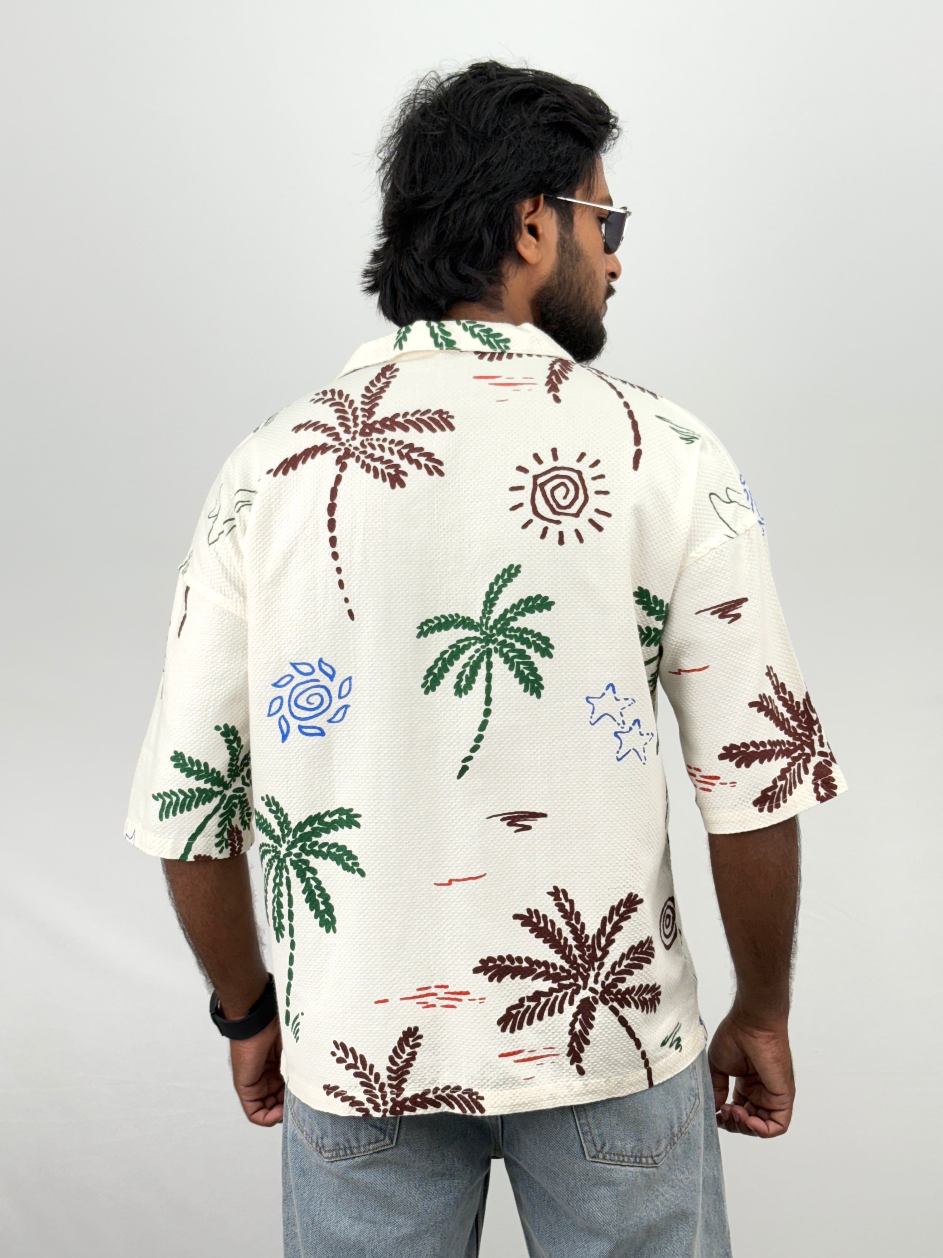 Beige Printed Oversized Half Sleeve Shirt
