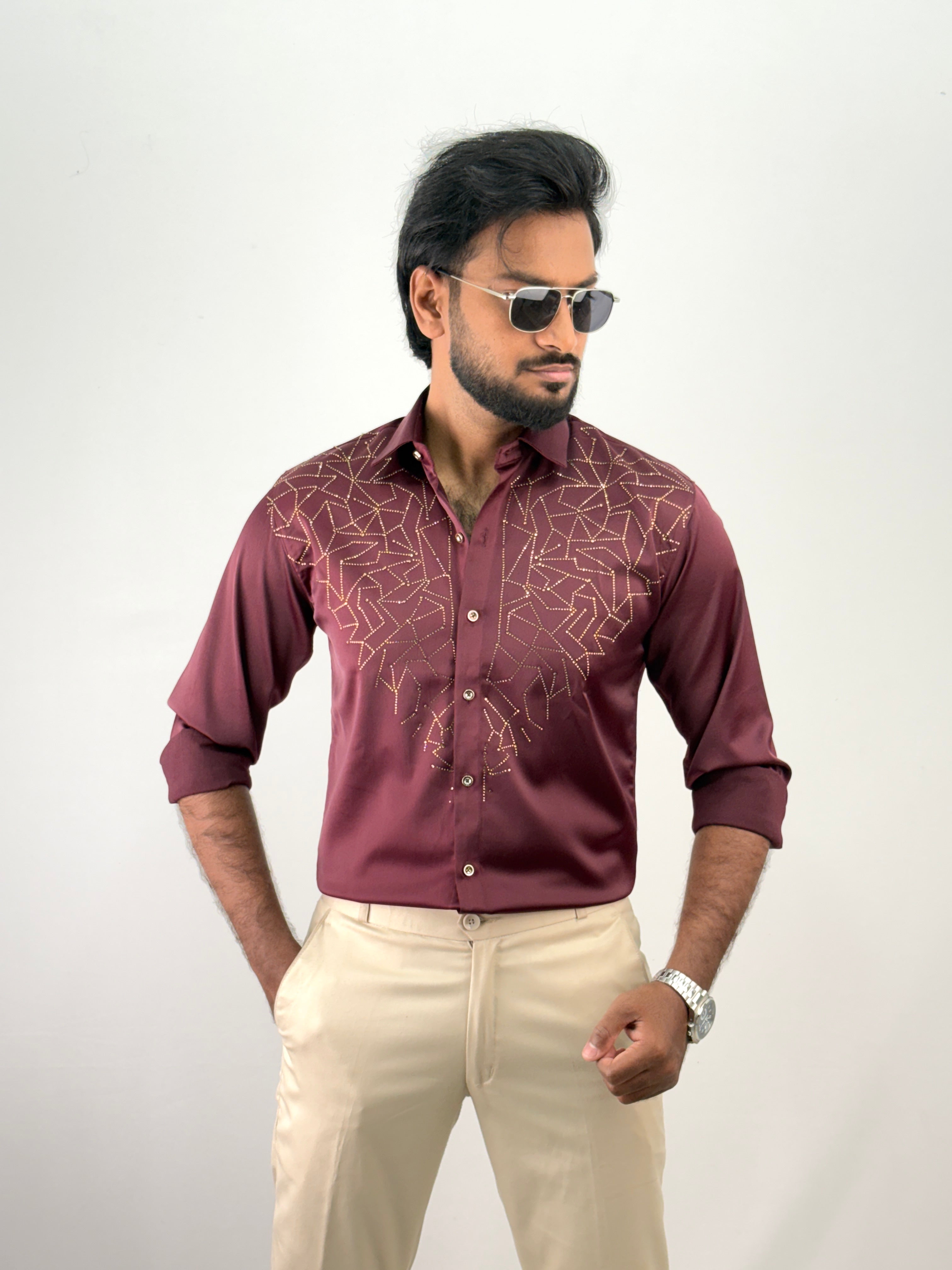 Maroon Designer Stone Work Shirt 15