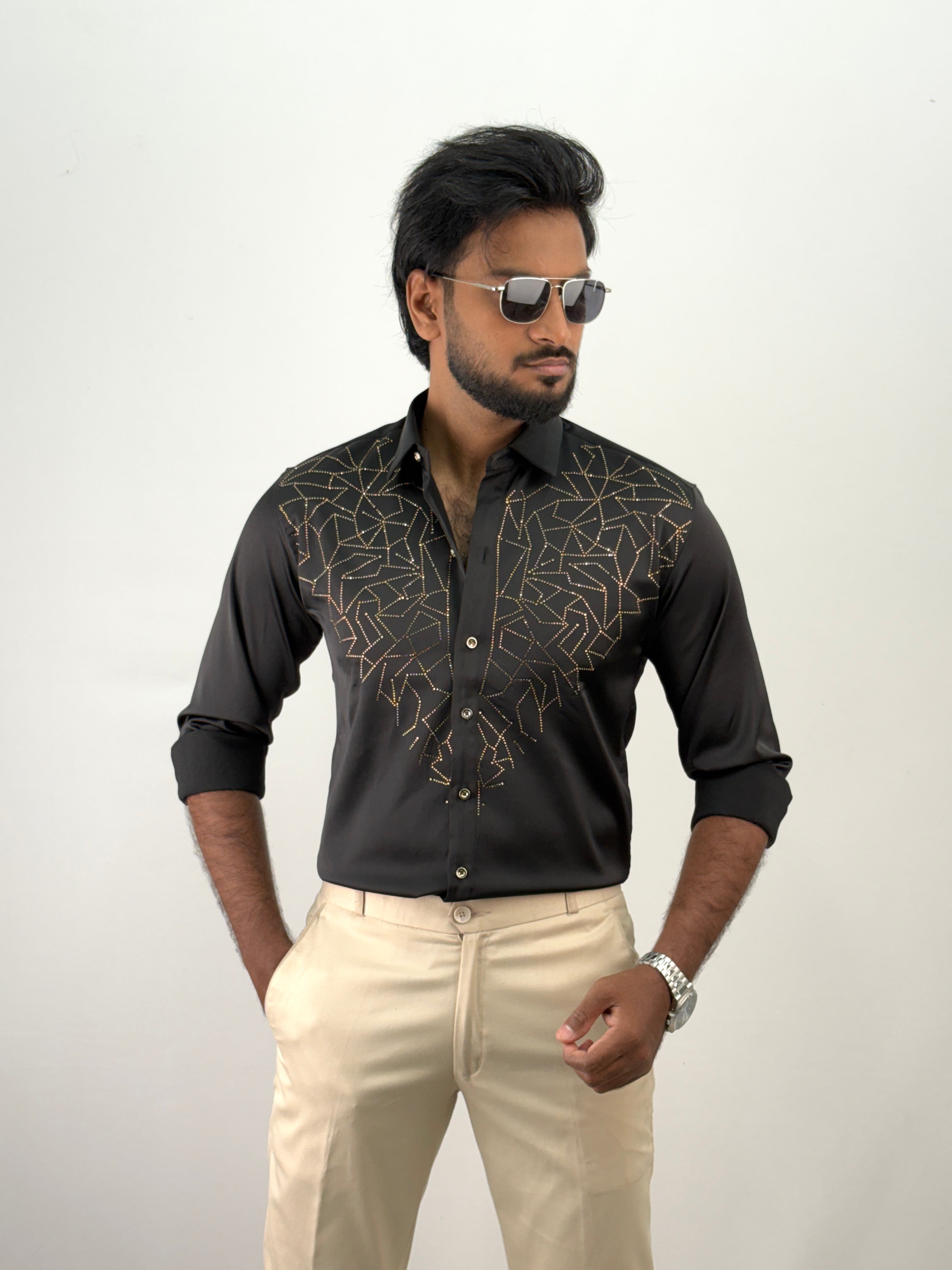 Black Designer Stone Work Shirt 15