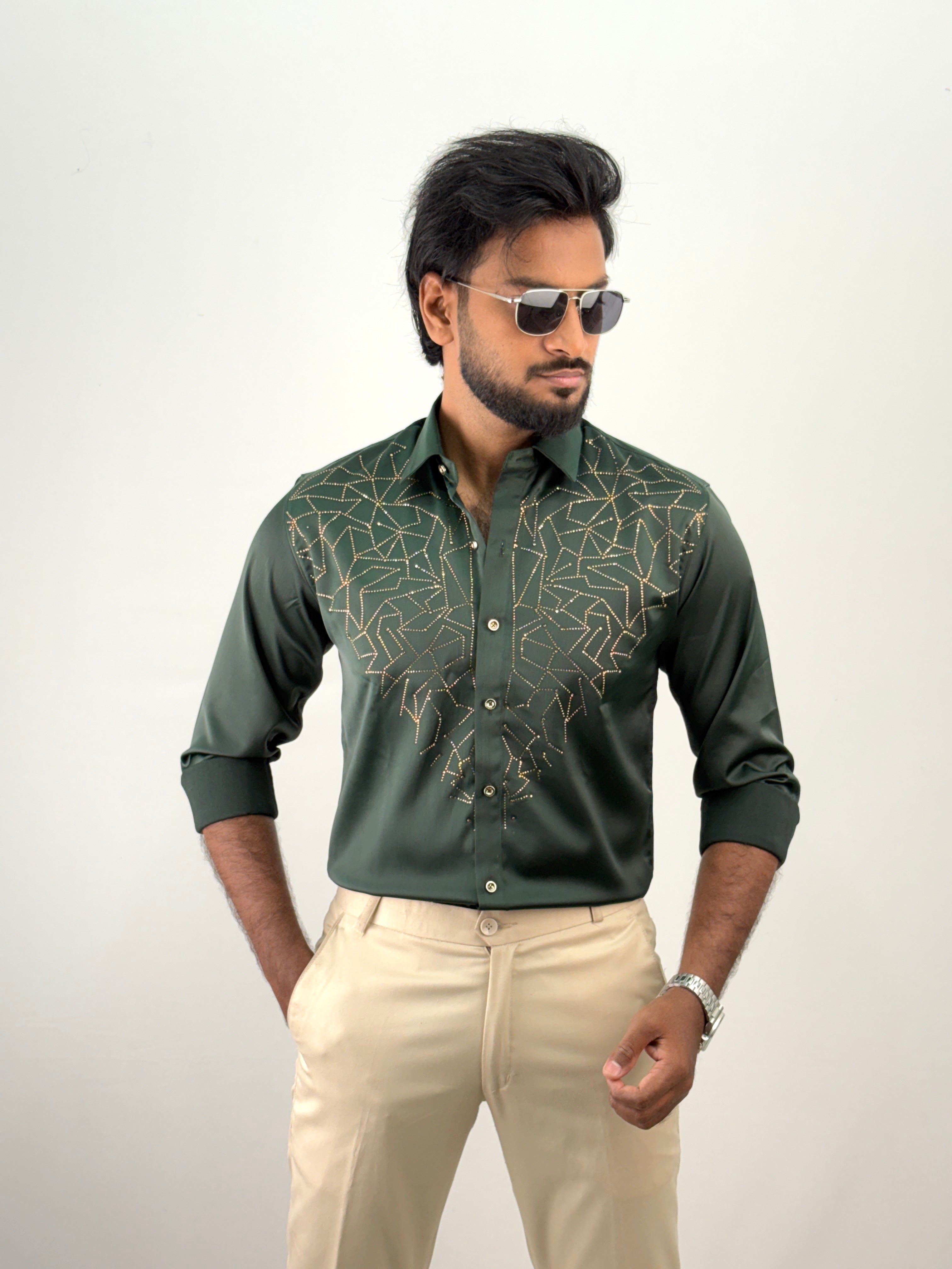 Dark Green Designer Stone Work Shirt 15