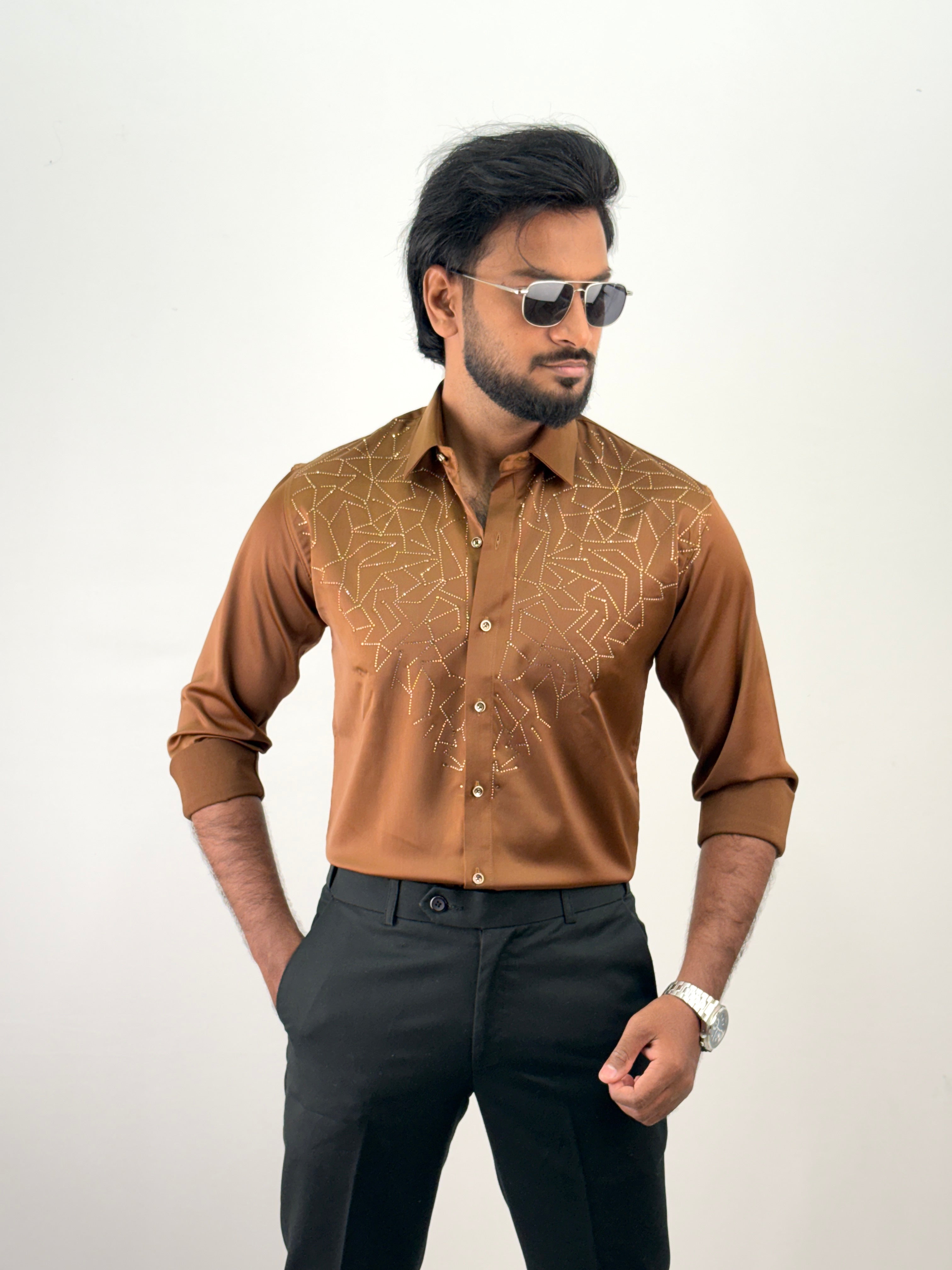 Brown Designer Stone Work Shirt 15