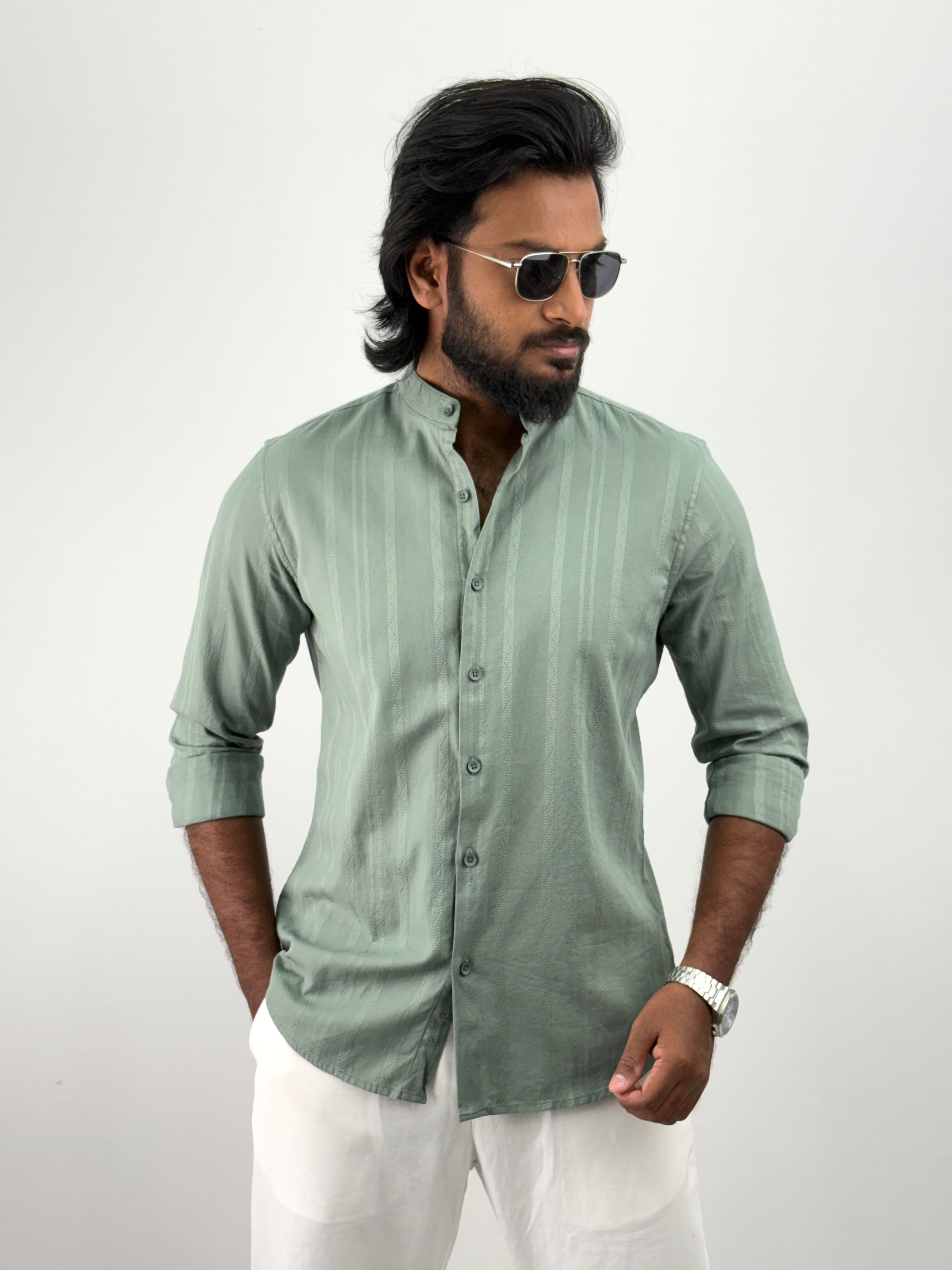 Green Mandarin Collar Textured Shirt
