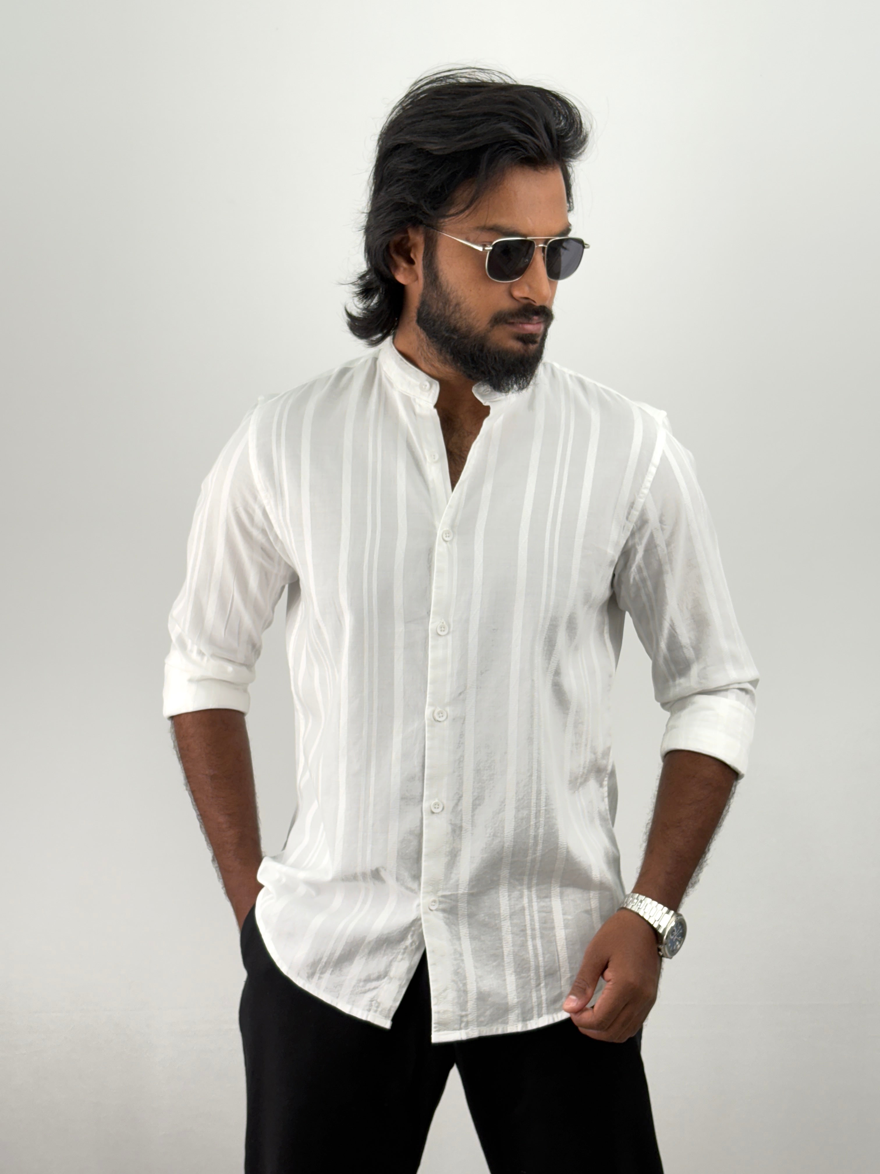 White Mandarin Collar Textured Shirt